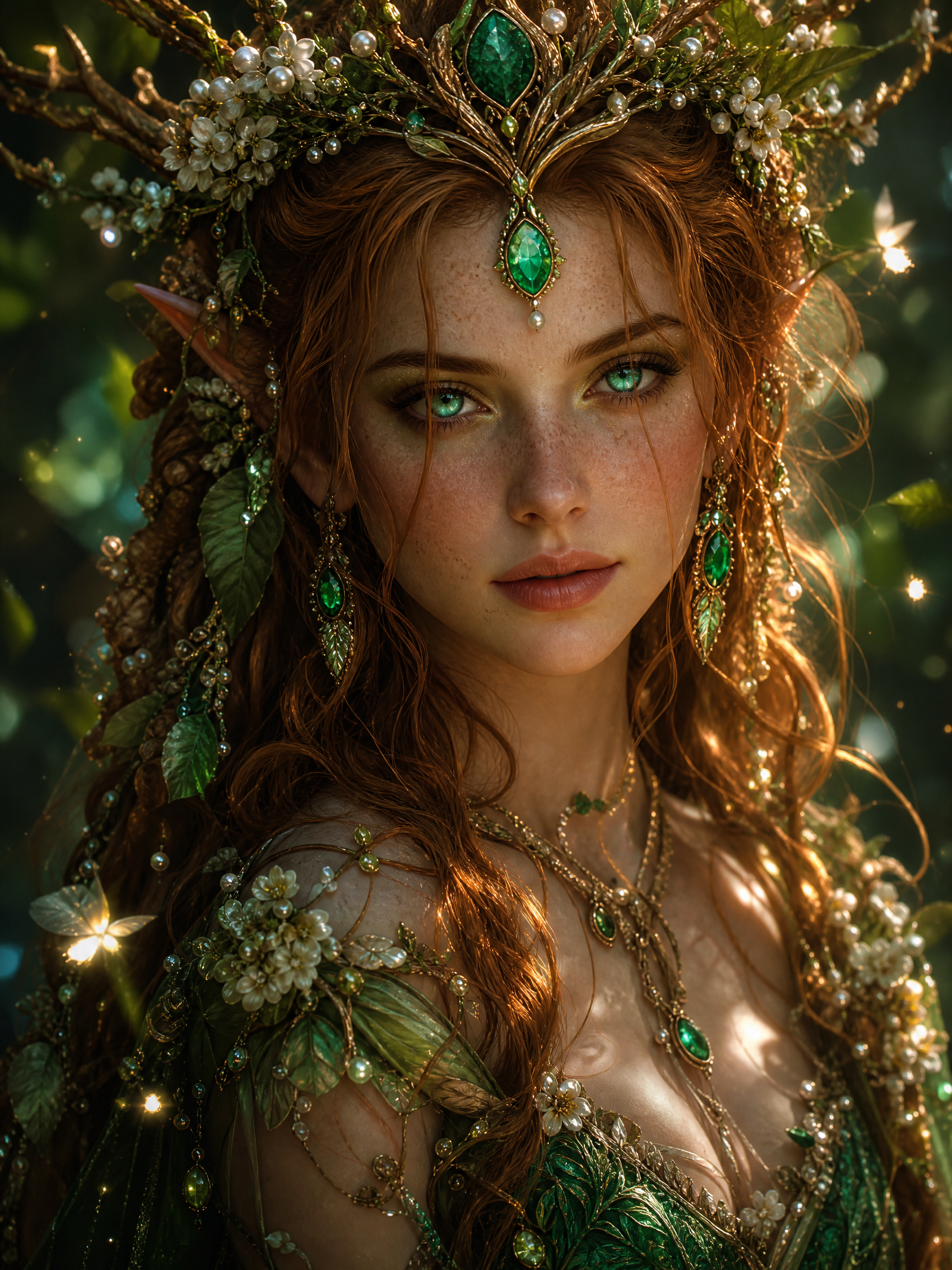 Elven princess with a green gemstone crown and emerald jewelry in a leafy forest.