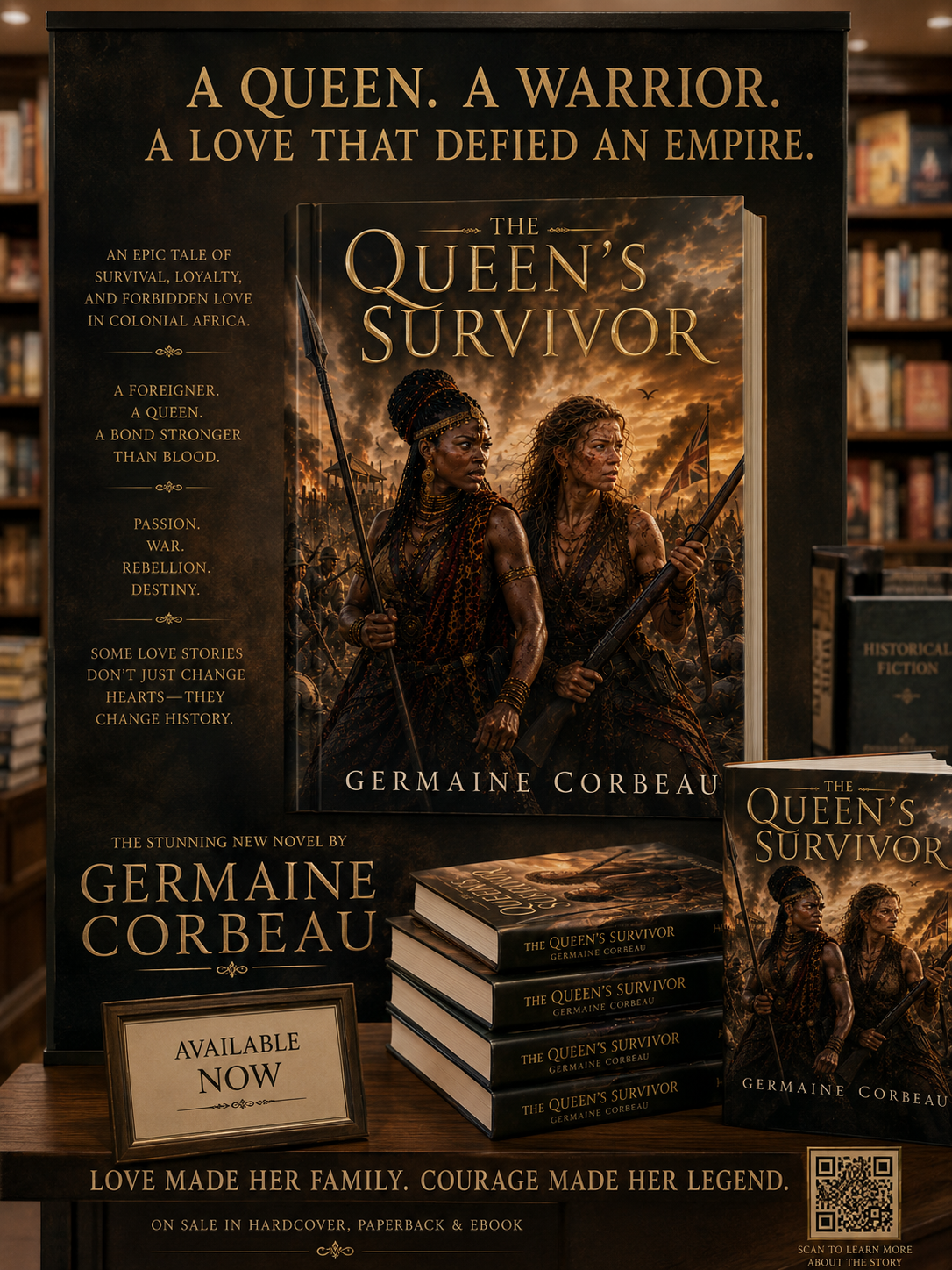 Book display for The Queen's Survivor featuring two warrior women with spears in a bookstore.