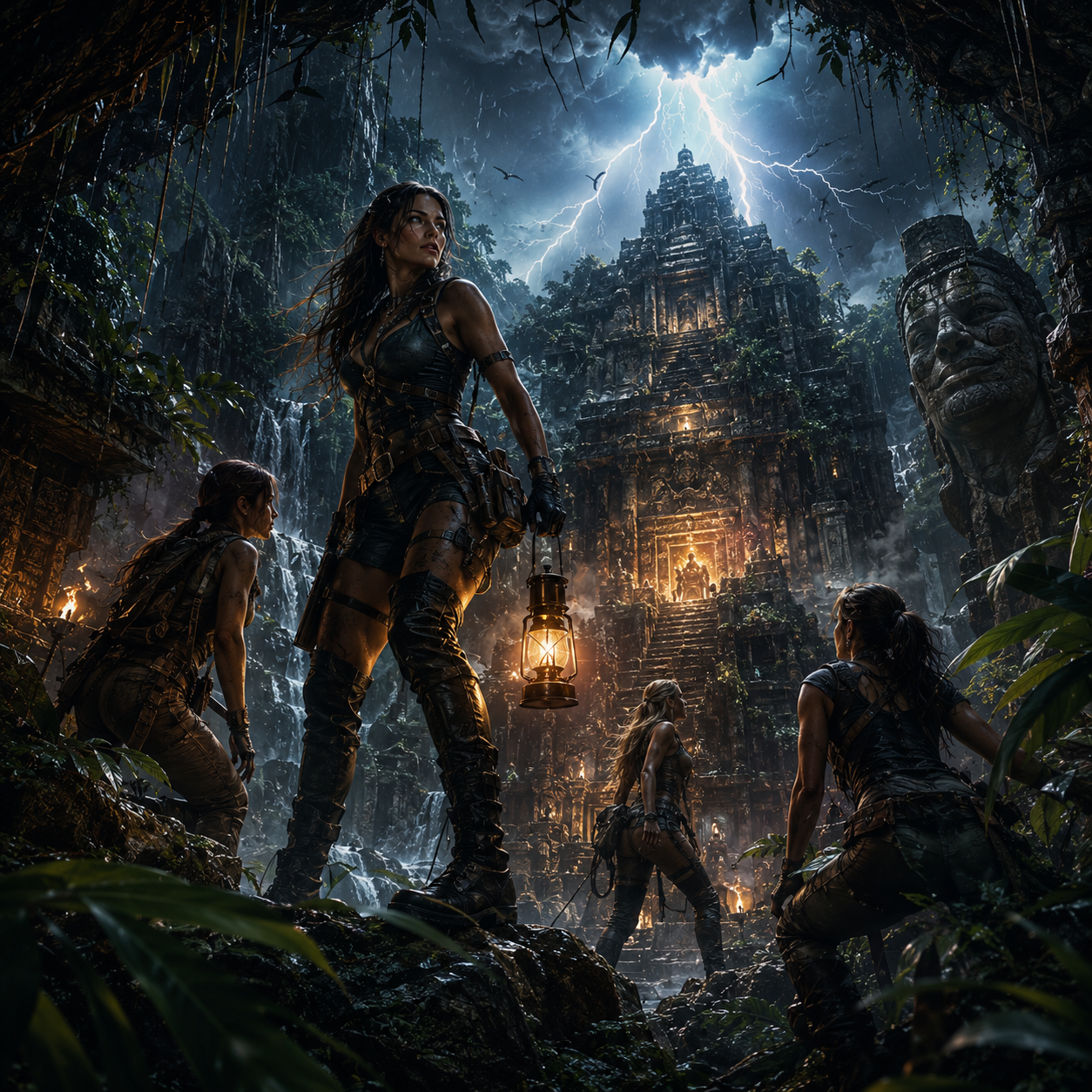 Adventurers in a jungle ruins temple at night, lanterns lit amid lightning and towering stone structures.
