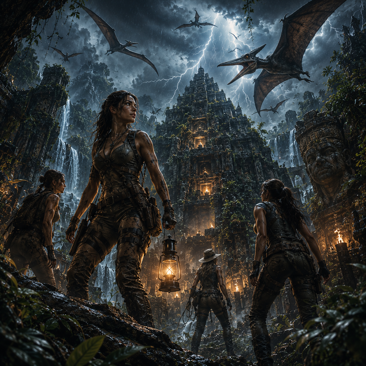 Group of armored explorers in a jungle temple under a stormy sky with dragons overhead.