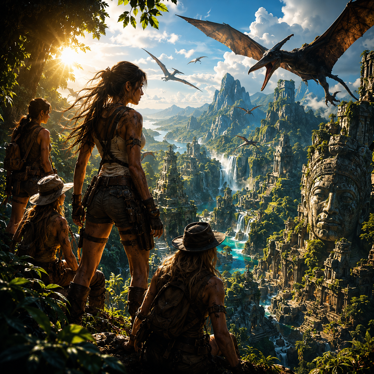 Group of adventurers overlook a ruined jungle city with waterfalls and a giant stone head.