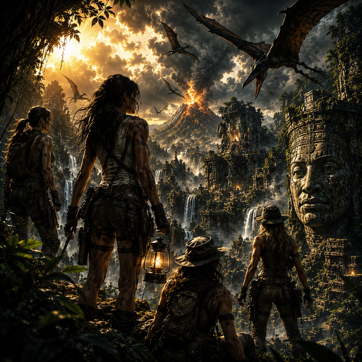 Adventurers in a lush jungle explore ancient ruins as a volcano erupts and pterosaurs fly overhead.