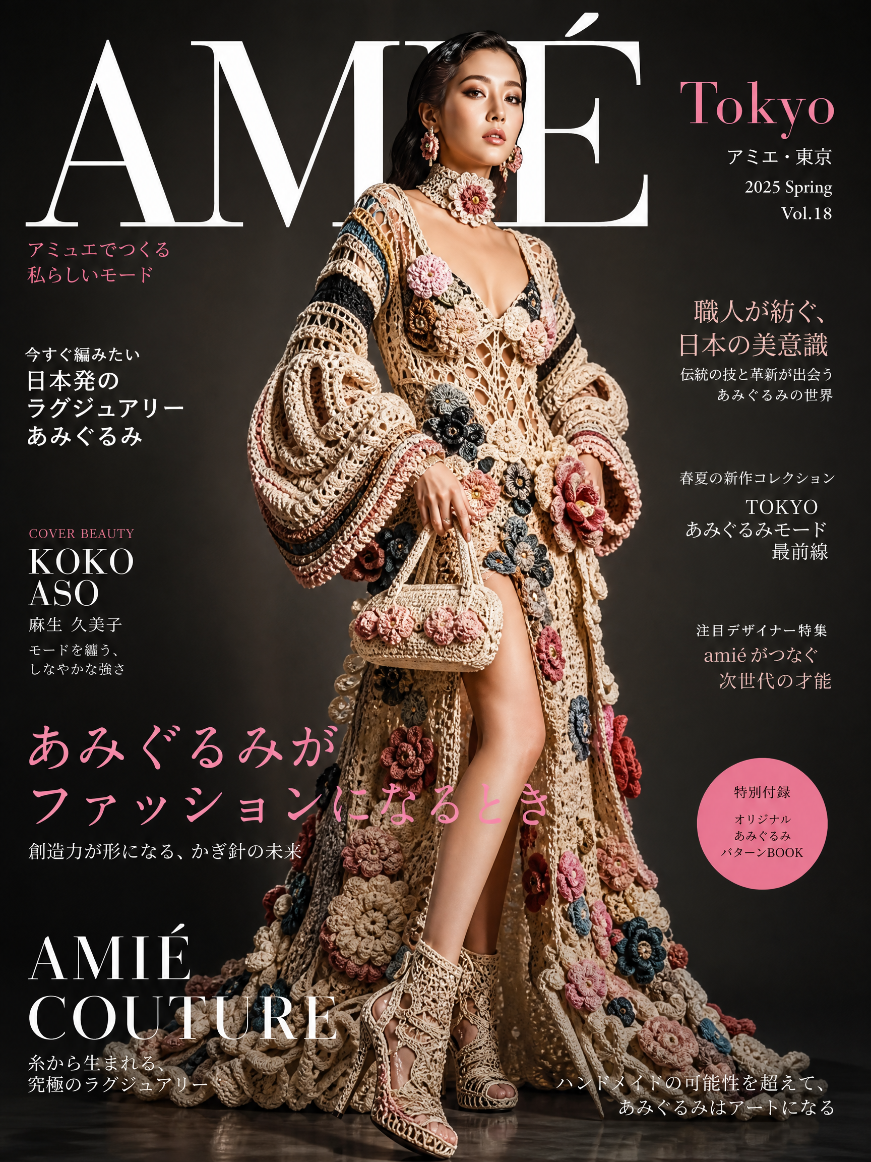 Model in an elaborate crochet floral gown on AMIÉ Tokyo 2025 Spring cover
