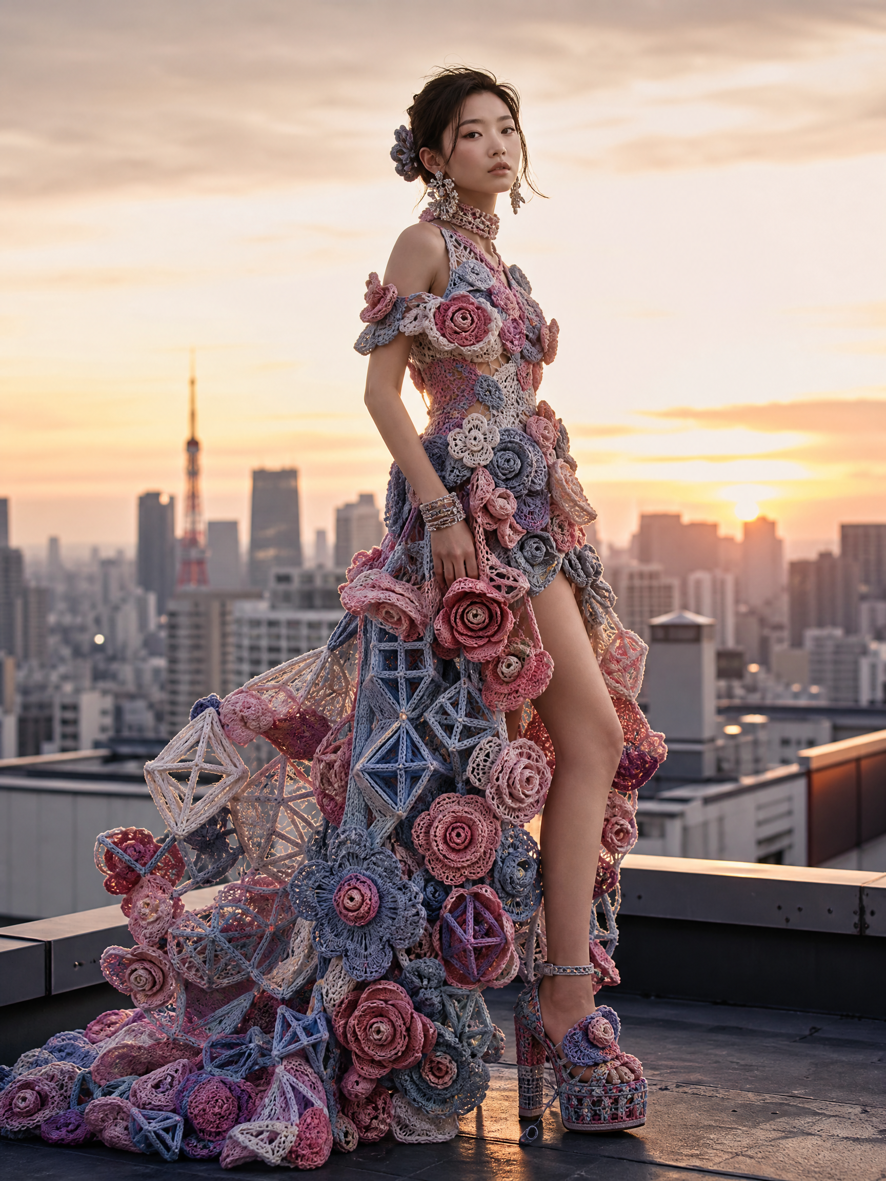 Woman in a crocheted floral gown on a rooftop at sunset, pastel roses and geometric motifs.