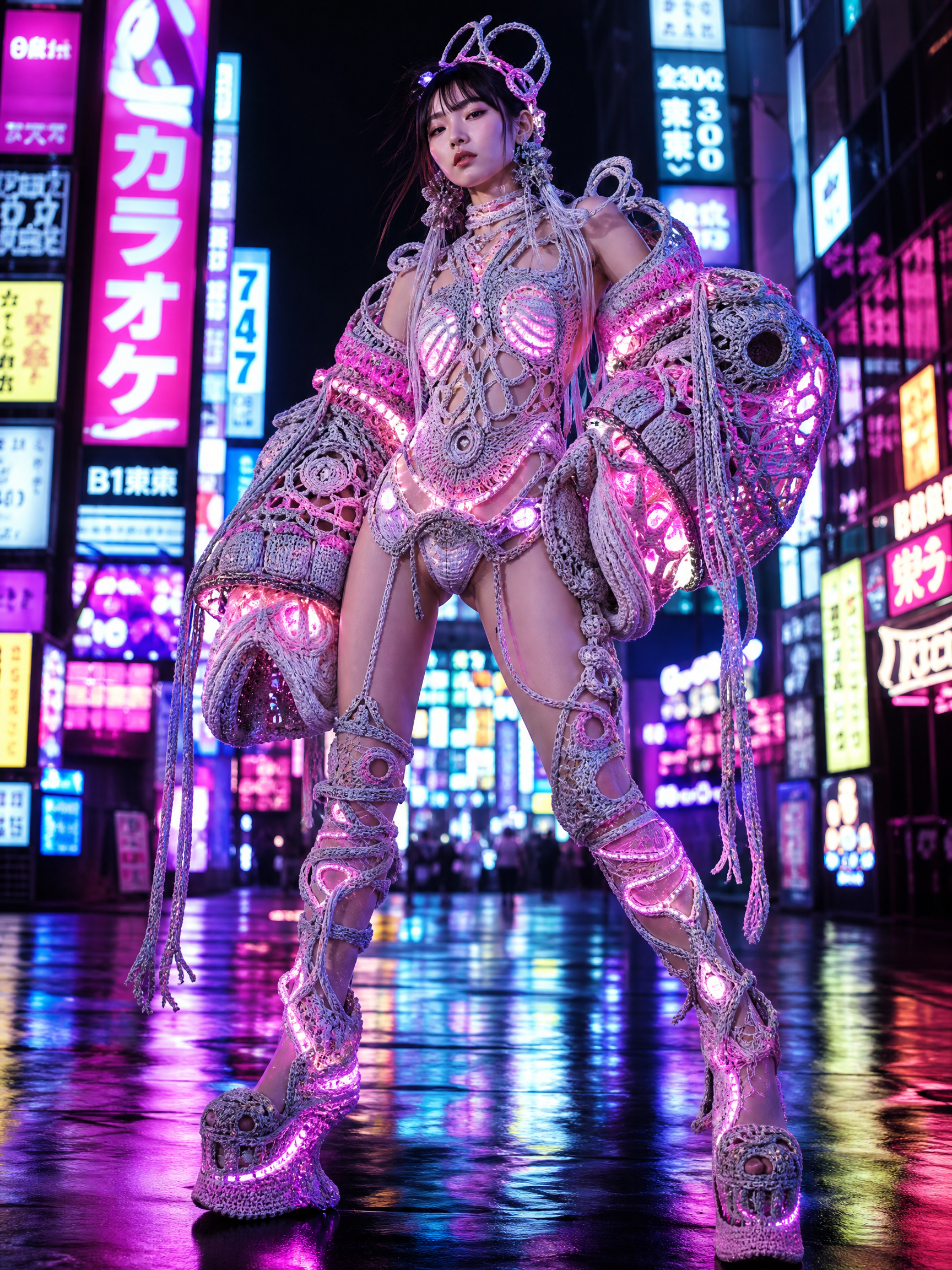 Person in a pink, luminous cyberpunk cosplay with intricate metallic armor in a neon city street.