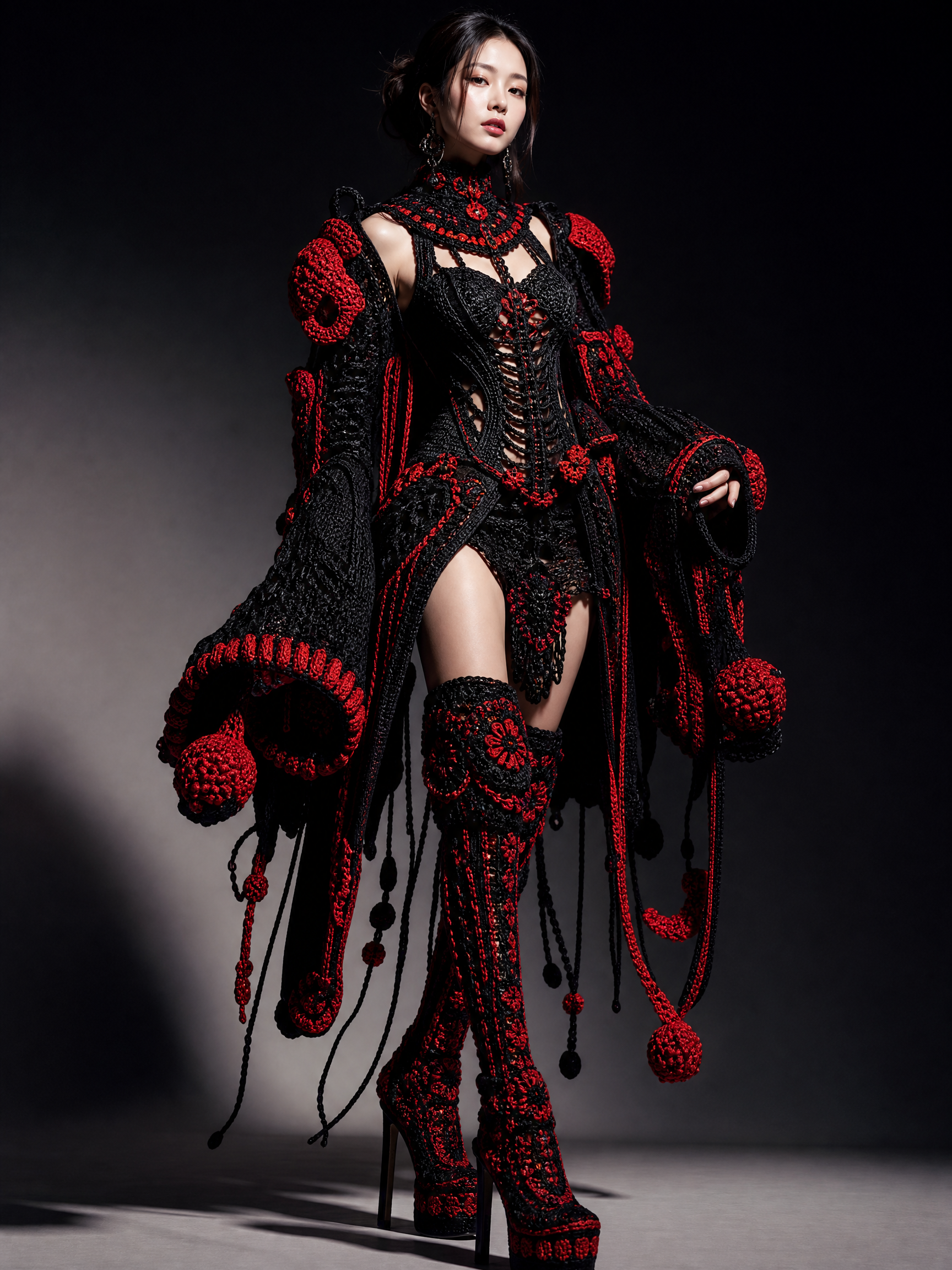 Woman in a black and red crochet haute couture outfit with dramatic sleeves and thigh-high boots.