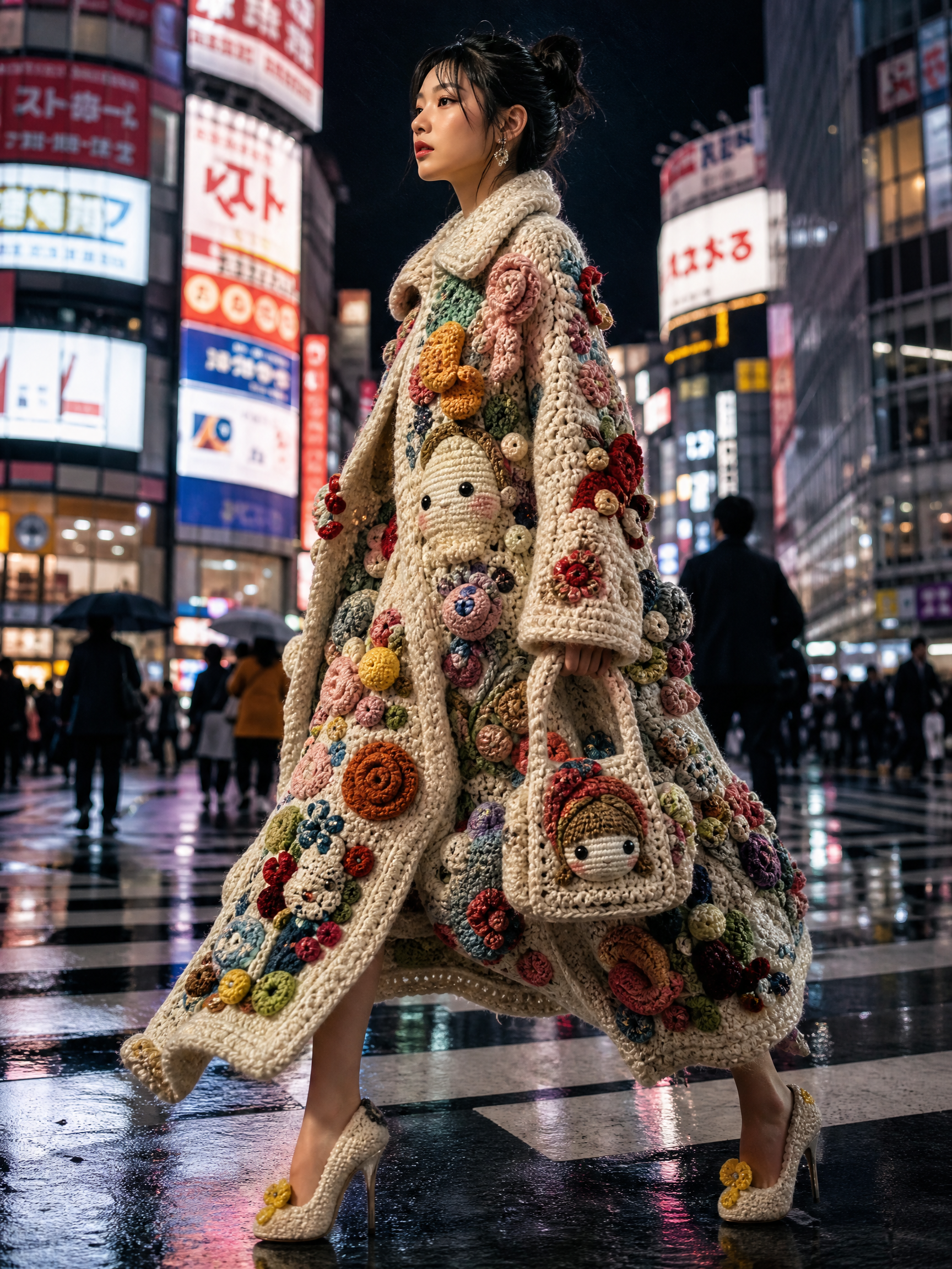 Woman wearing a voluminous crochet coat with colorful 3D floral appliqués in a neon city street at night.