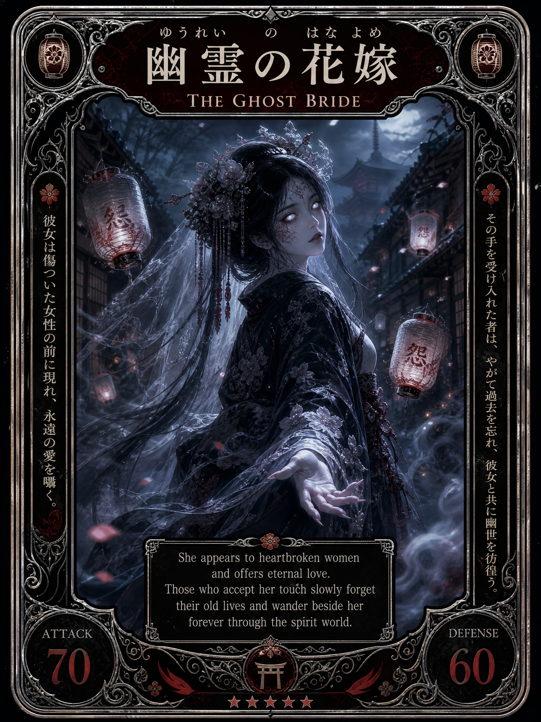 The Ghost Bride - a gothic, Japanese-inspired portrait of a haunting woman in a dark kimono with lanterns.