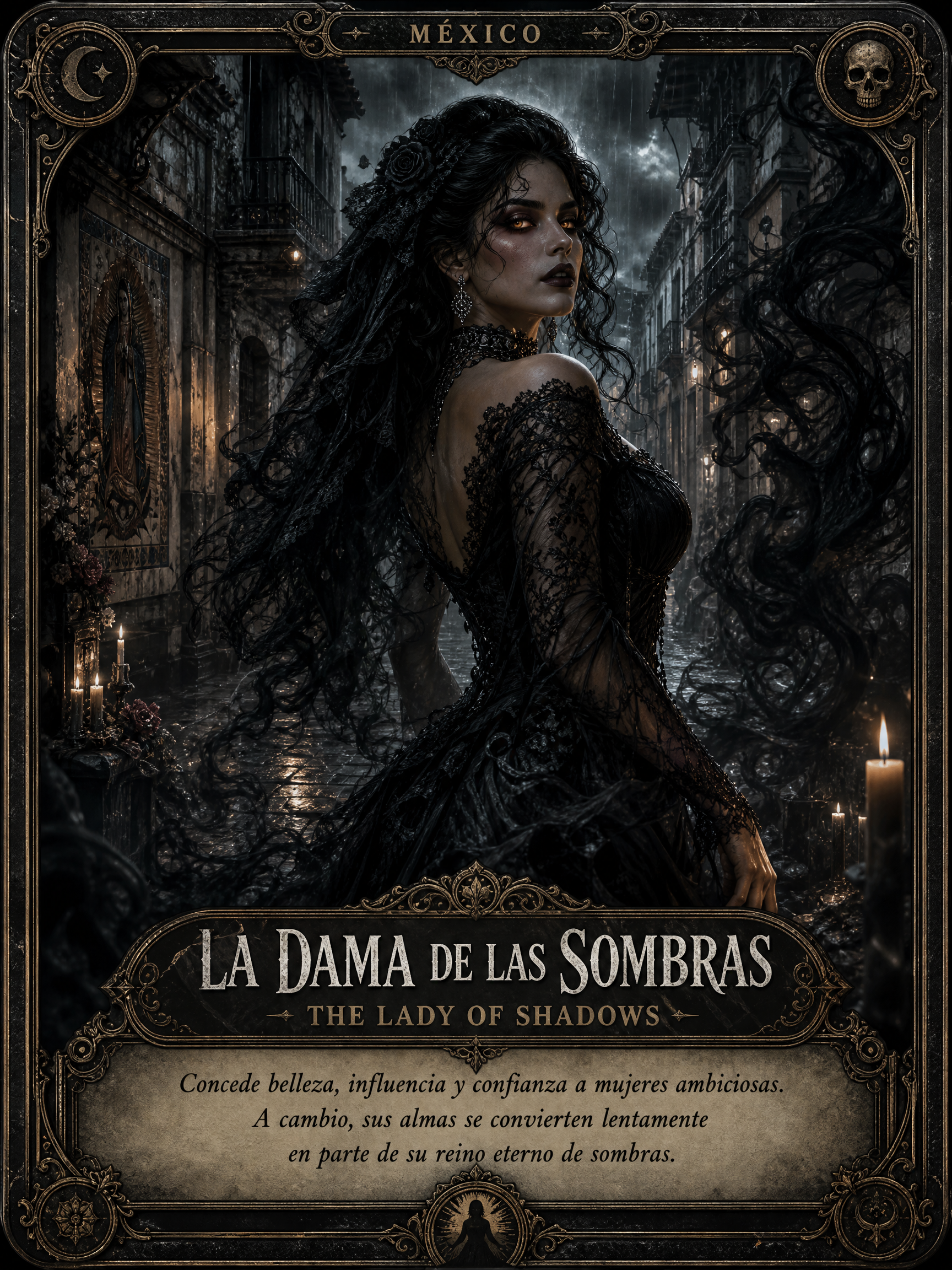 Gothic woman in a black lace gown stands in a moonlit, shadowy cobblestone street.