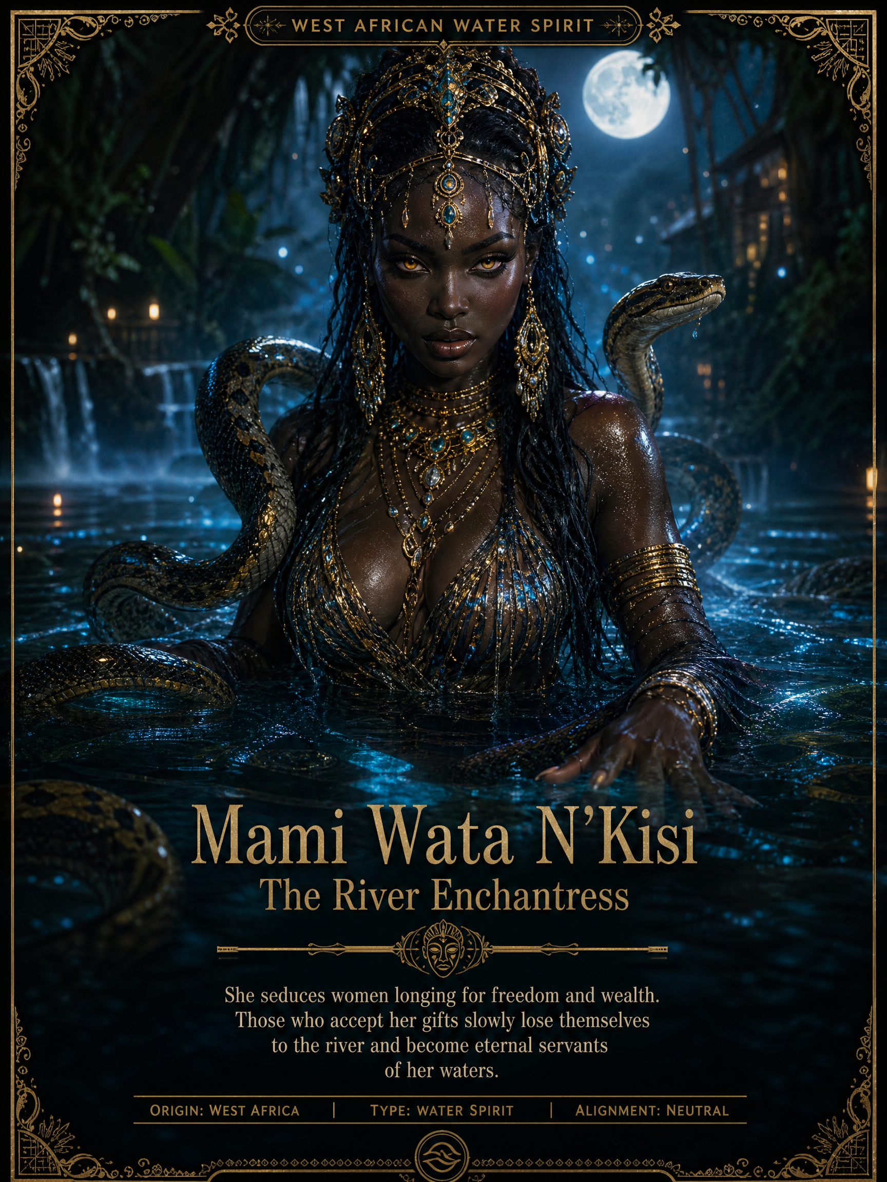 Portrait of Mami Wata N'Kisi, a regal West African water spirit, in gold jewelry among serpents at moonlit water.