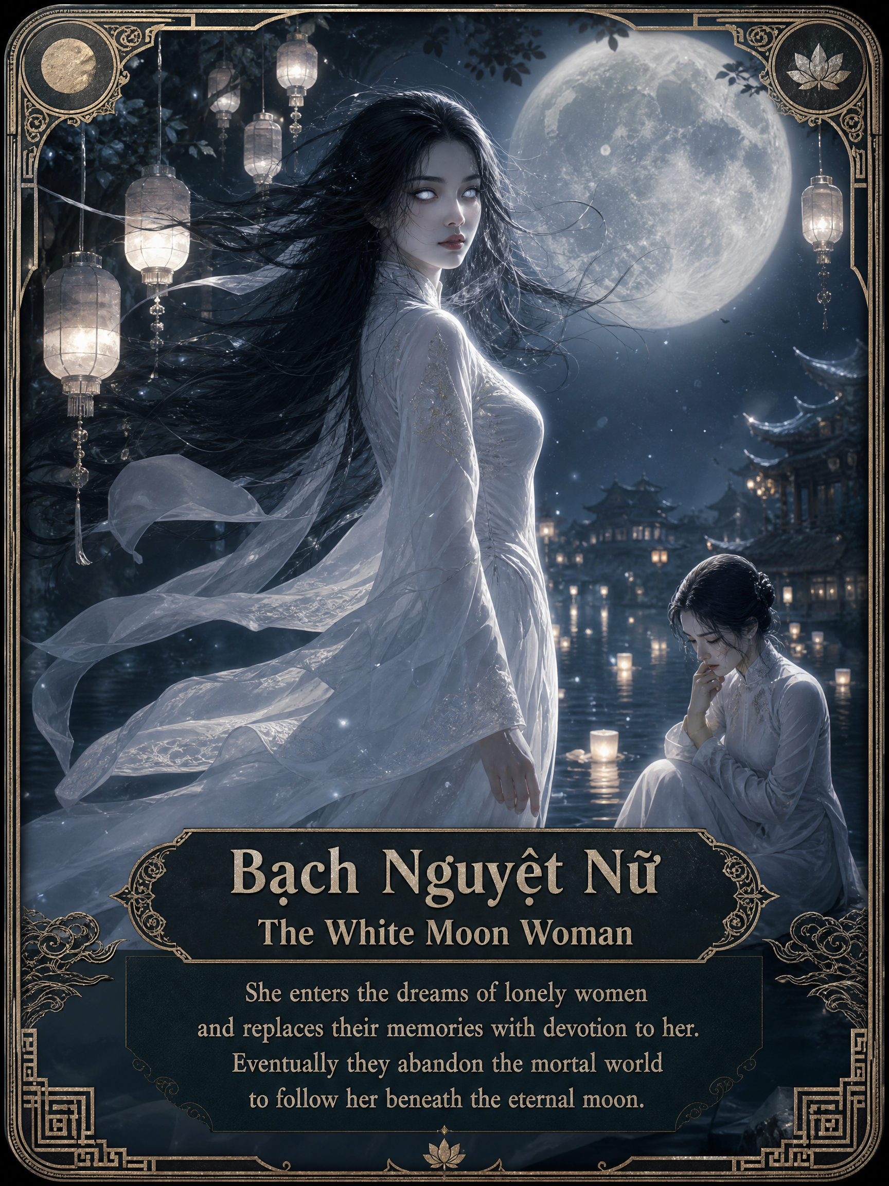 Ethereal woman in a flowing white gown under a full moon, with lanterns and a moonlit night scene.