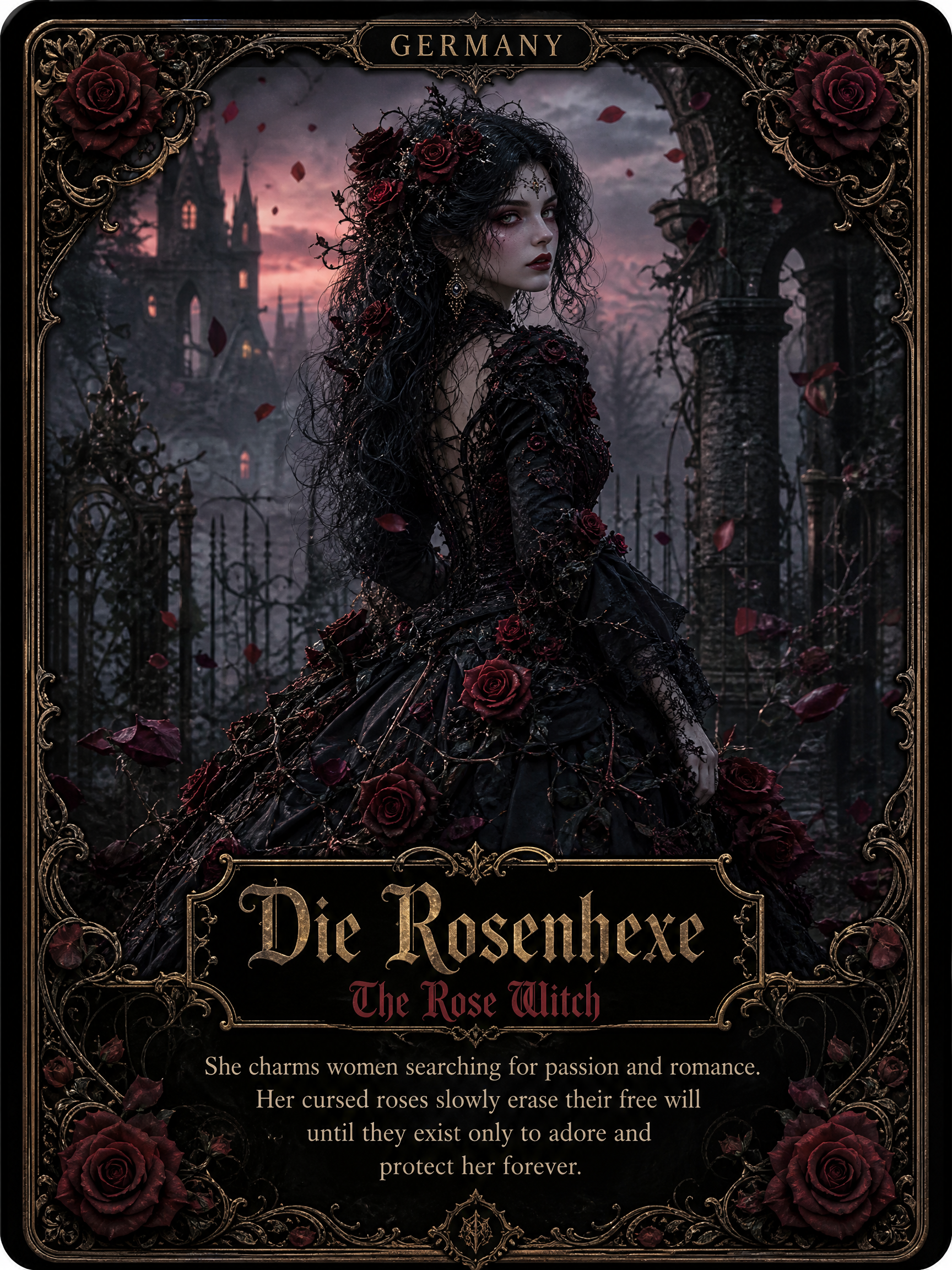 Gothic rose witch in an ornate dark dress amid ruined arches with rose accents.