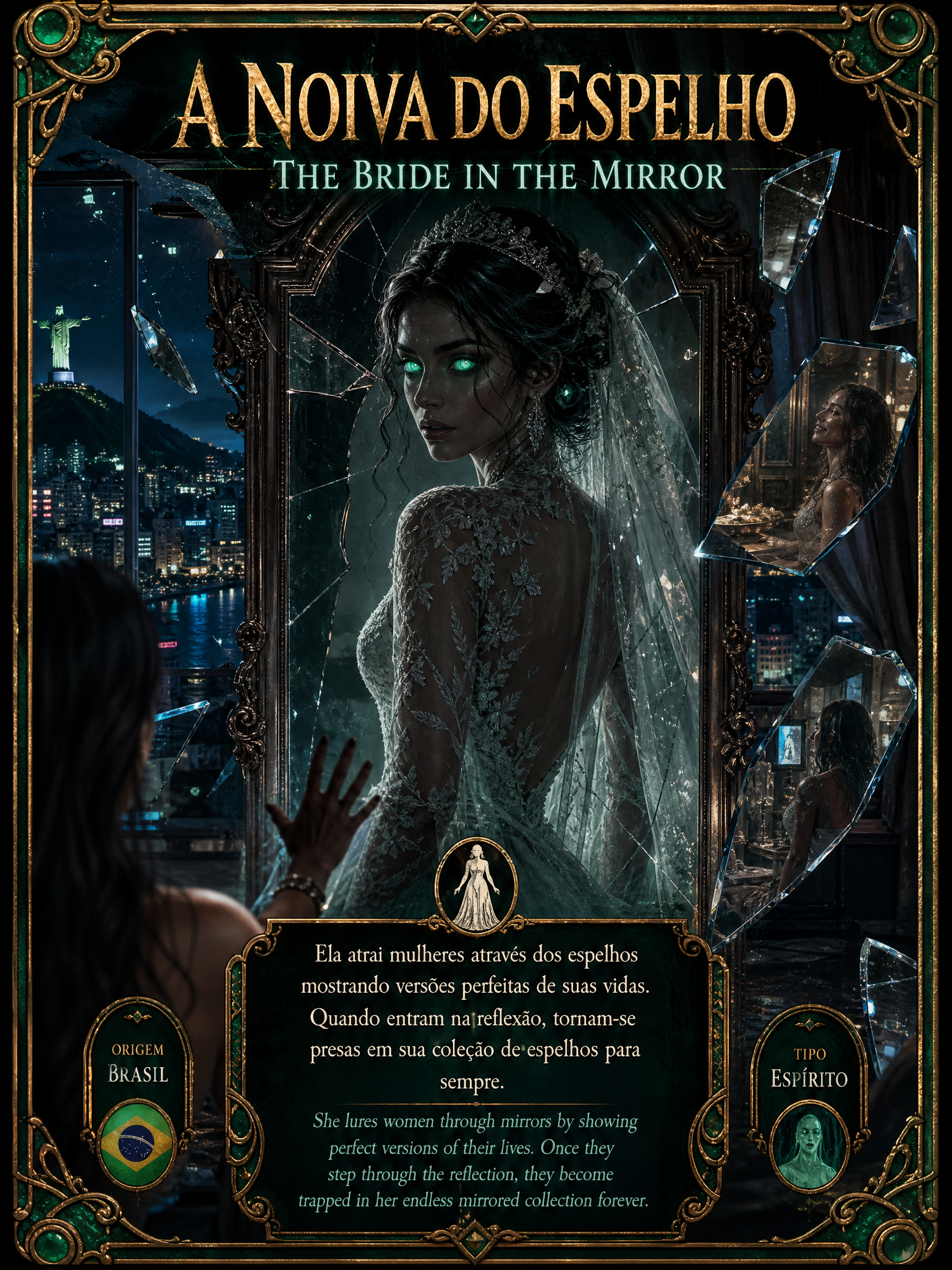 Dark fantasy poster of a bridal figure in lace, with glowing green eyes, seen through a shattered mirror.