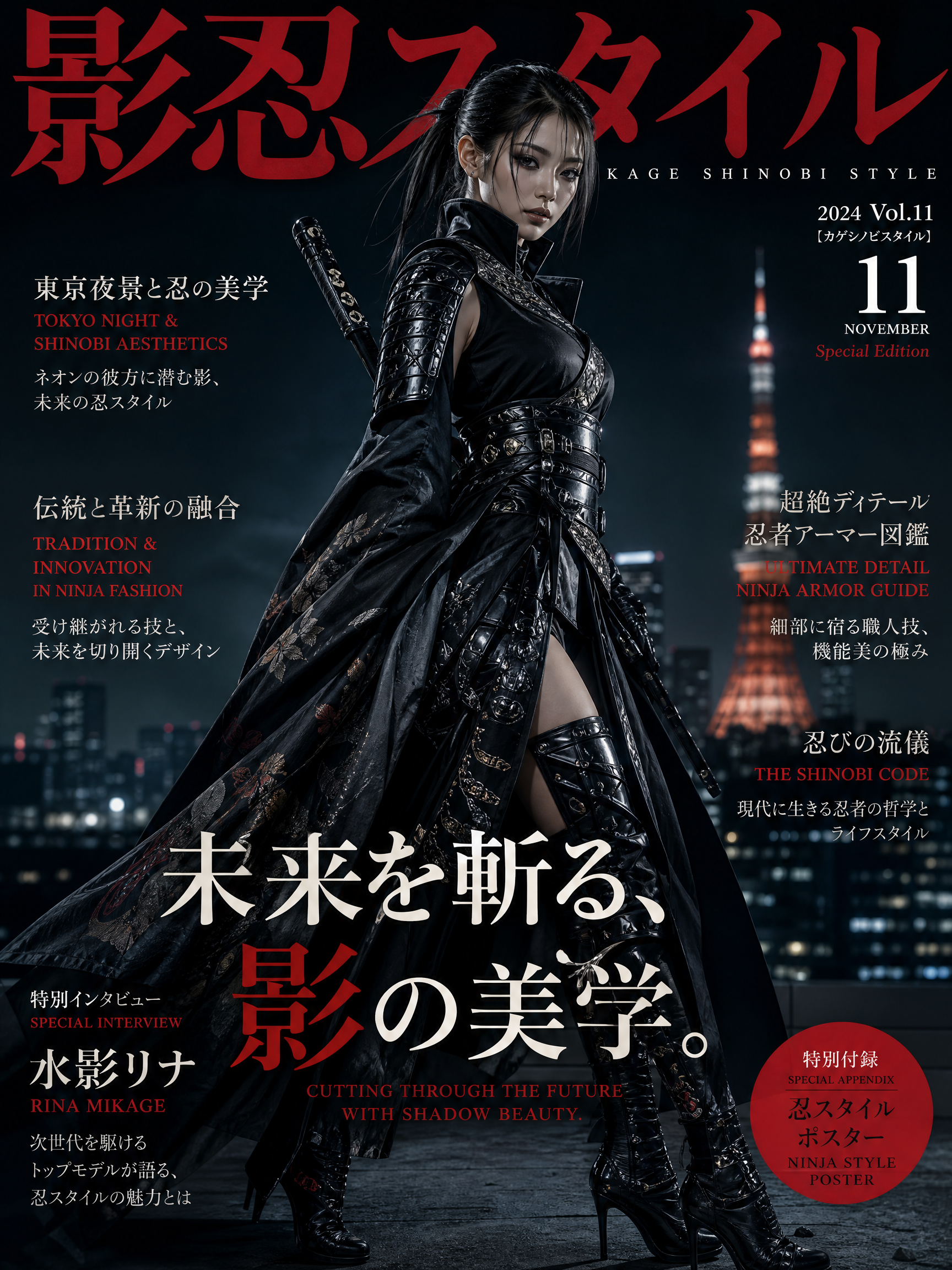 Woman in black armored ninja-inspired outfit with cape on a nighttime Tokyo skyline.