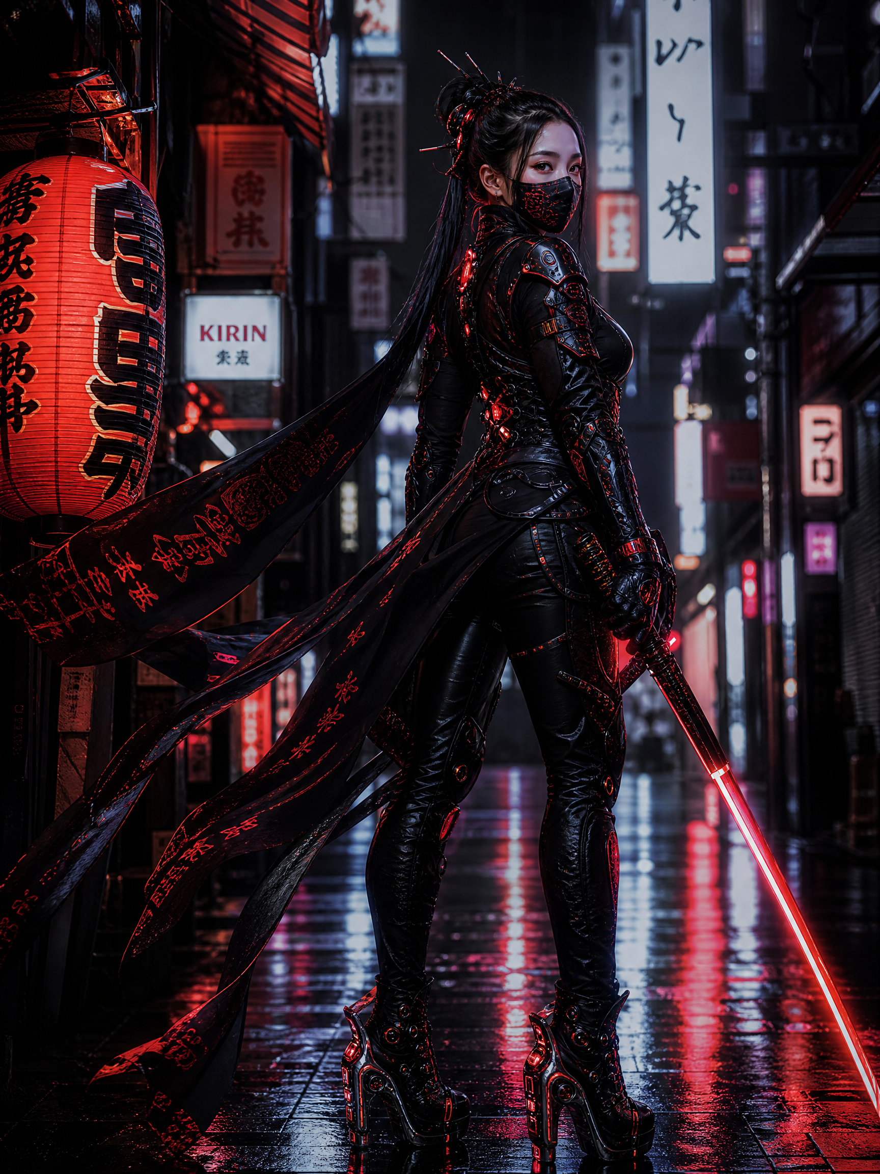 Woman in black tactical armor with a glowing red sword in a neon-lit urban alley at night.
