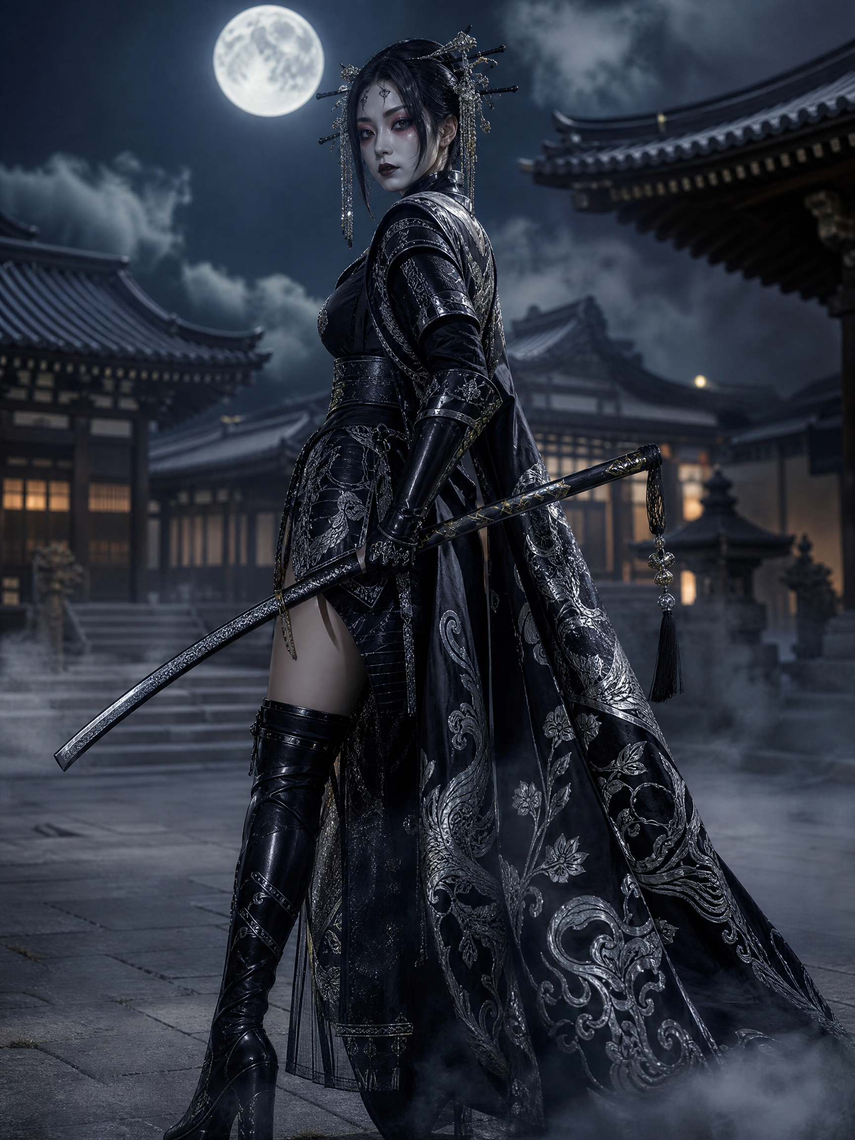 Night scene of a dark-armored female warrior with an ornate sword in a moonlit temple courtyard.