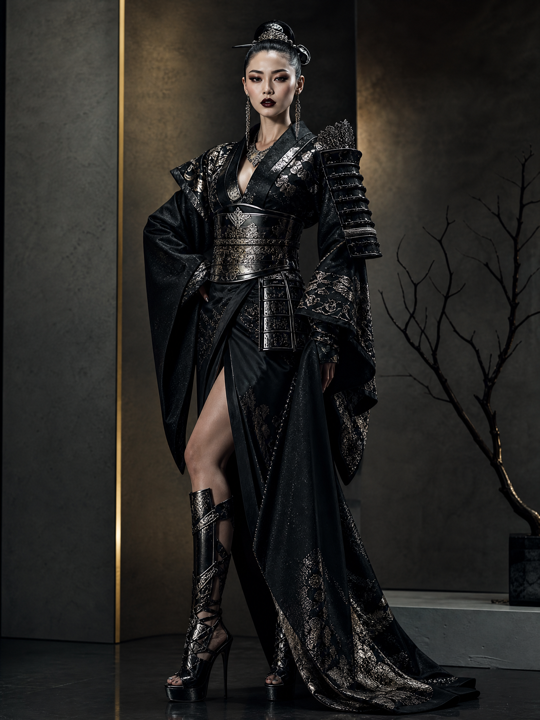 A woman in black metallic kimono armor with a high slit and thigh-high boots, in a moody studio setting.