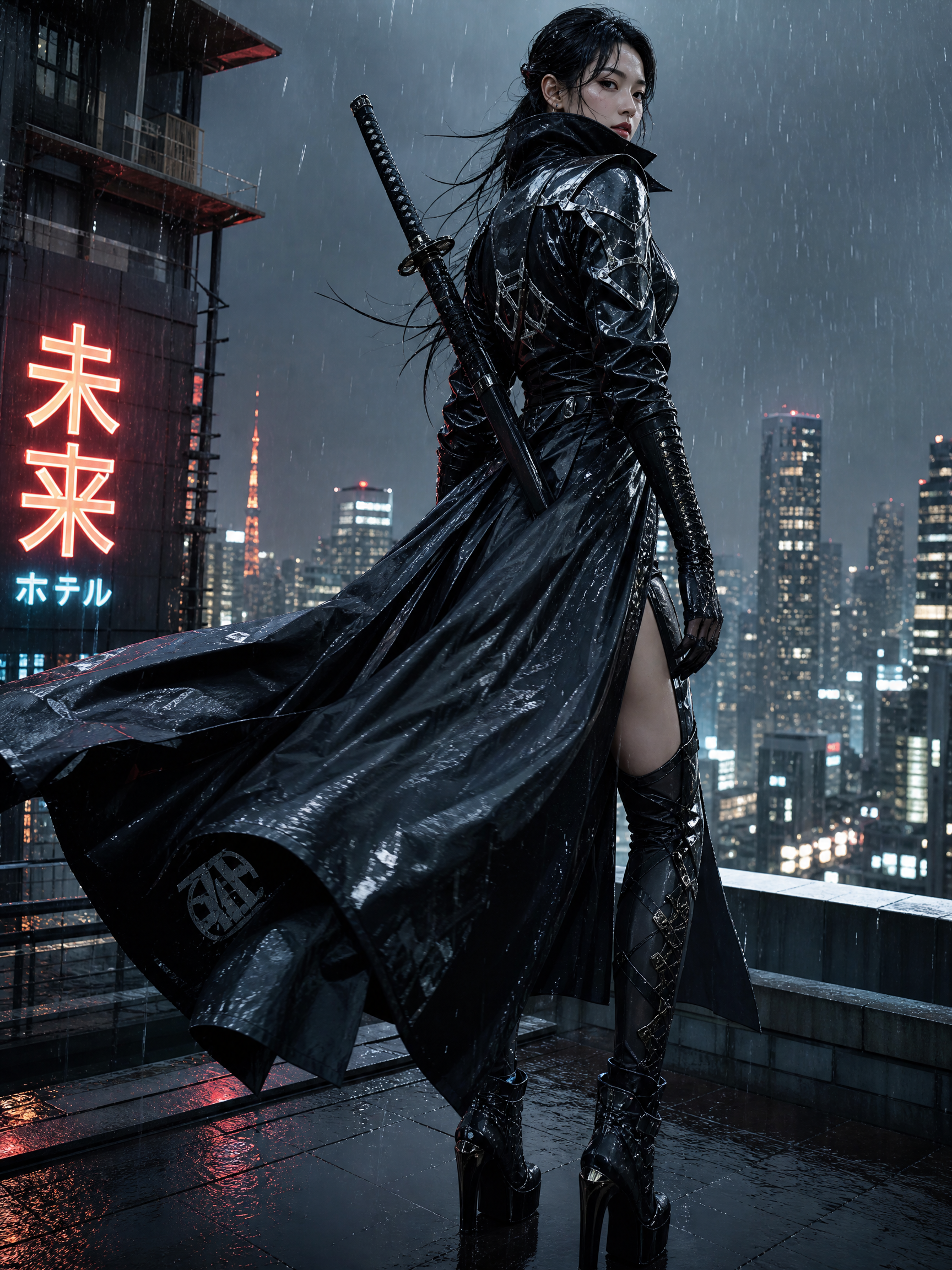 Female warrior in a black trench coat with a katana on a rainy rooftop over a neon-lit city
