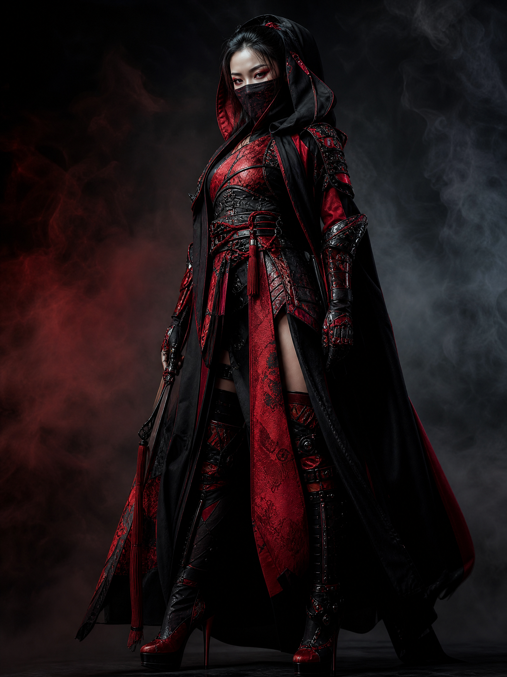 A female armored warrior in red and black cloak with face mask, standing confidently in a smoky dark studio.