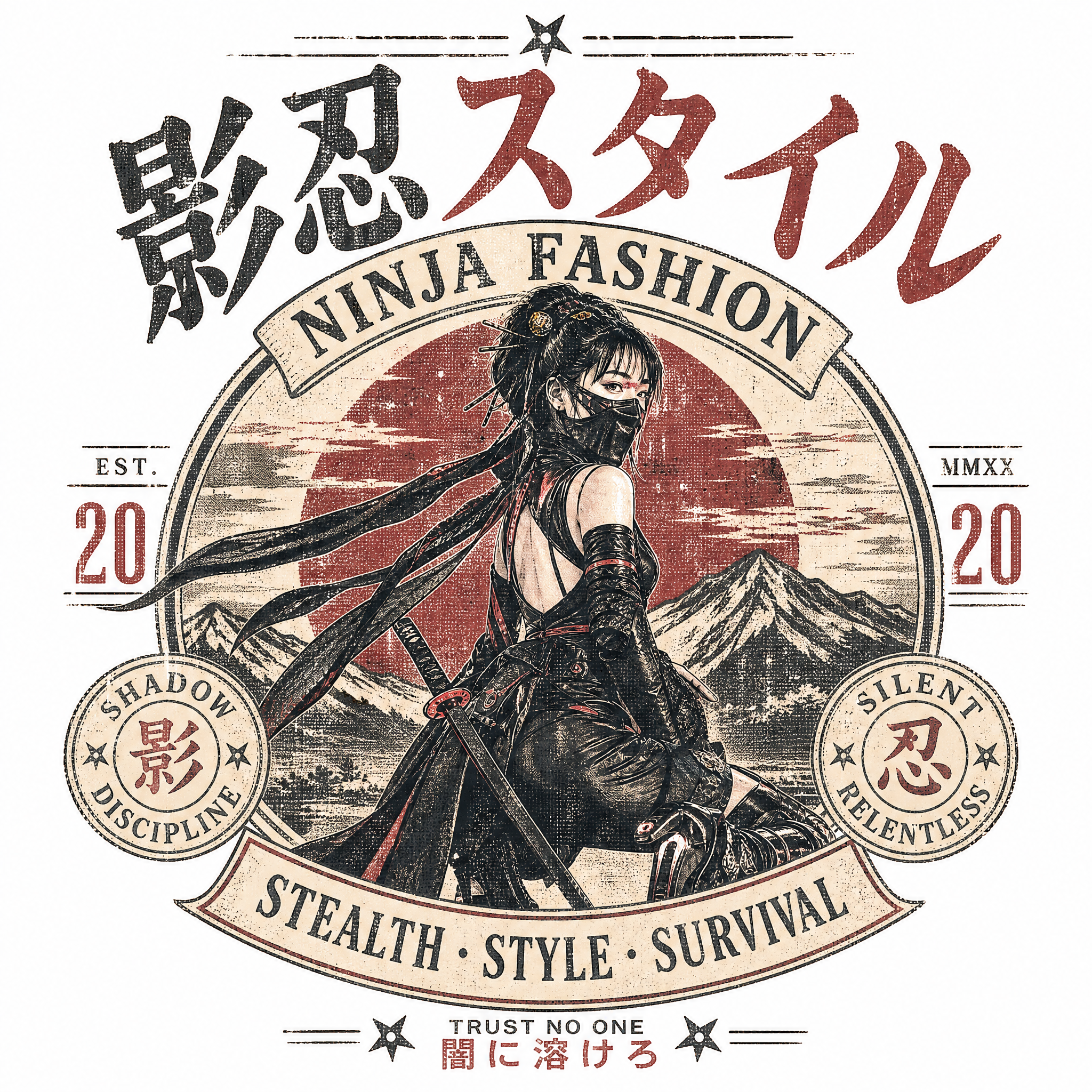 Ninja girl in black stealth outfit with mask, featured in a vintage circular badge design.