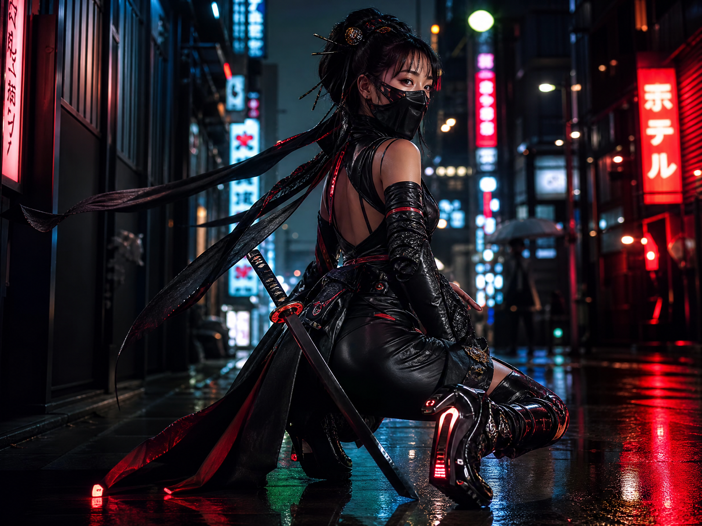 Cosplay ninja in black armor kneeling on a neon-lit, rain-soaked city street at night with a katana.