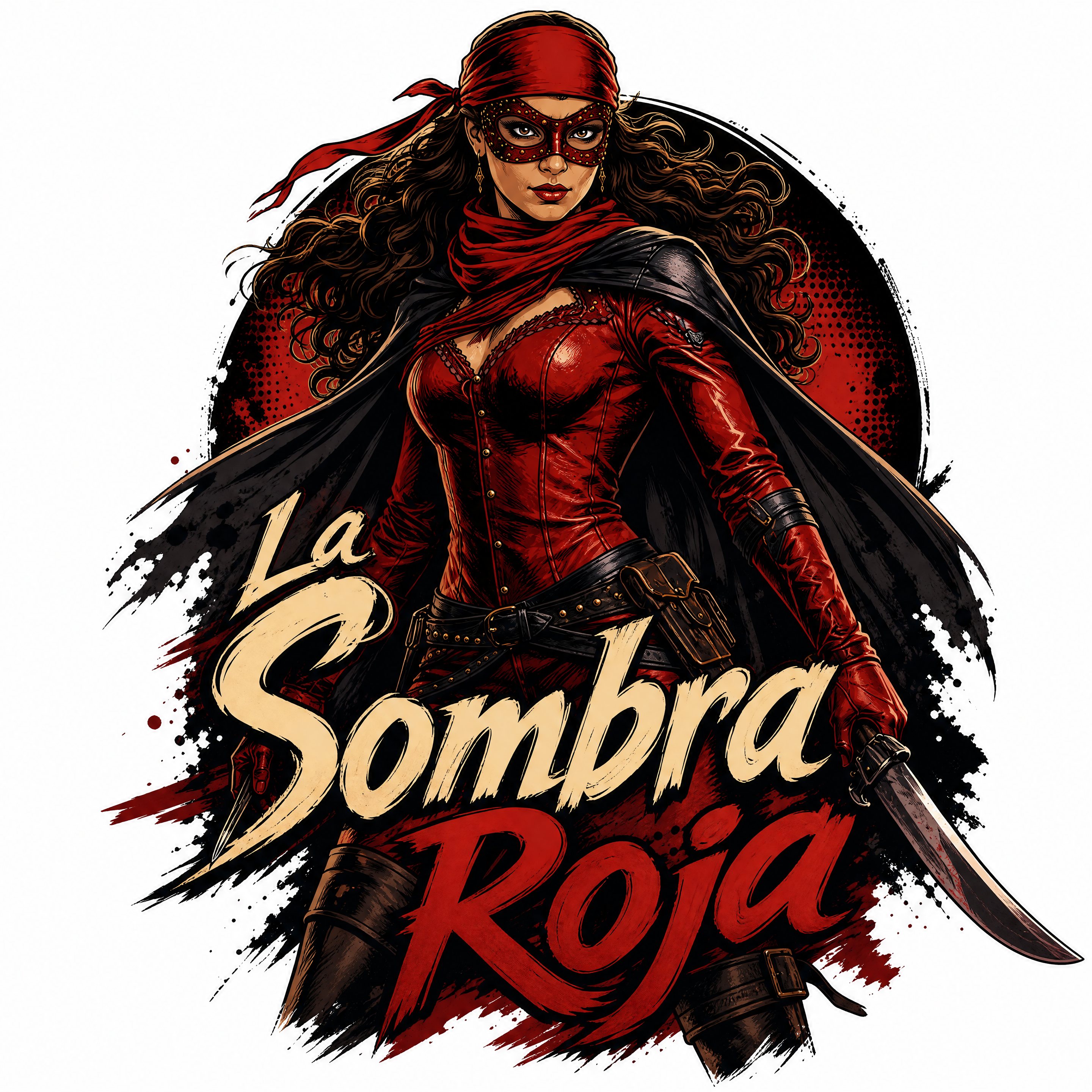 Stylized red-clad female vigilante with mask, cape, and curved blade, La Sombra Roja