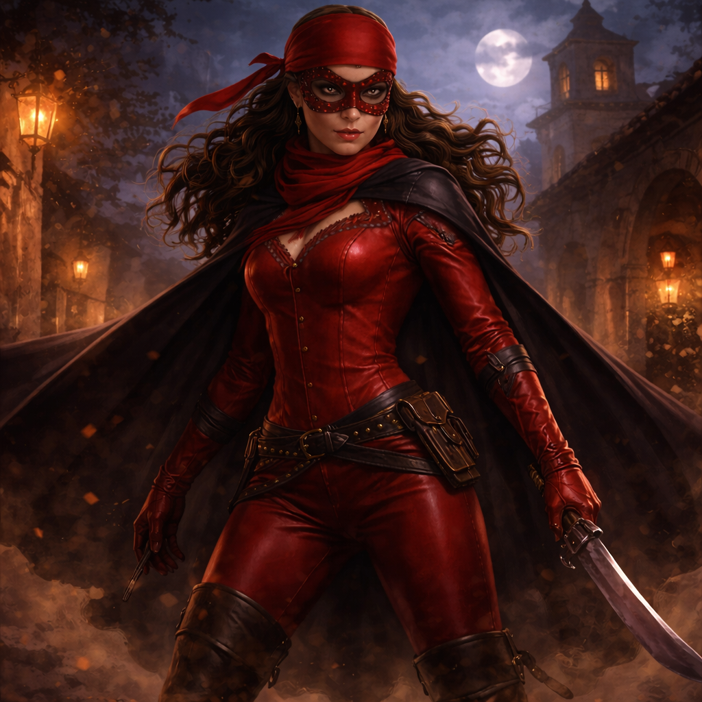 Female vigilante in red leather suit with cape and mask, wielding a curved sword under a moonlit night.