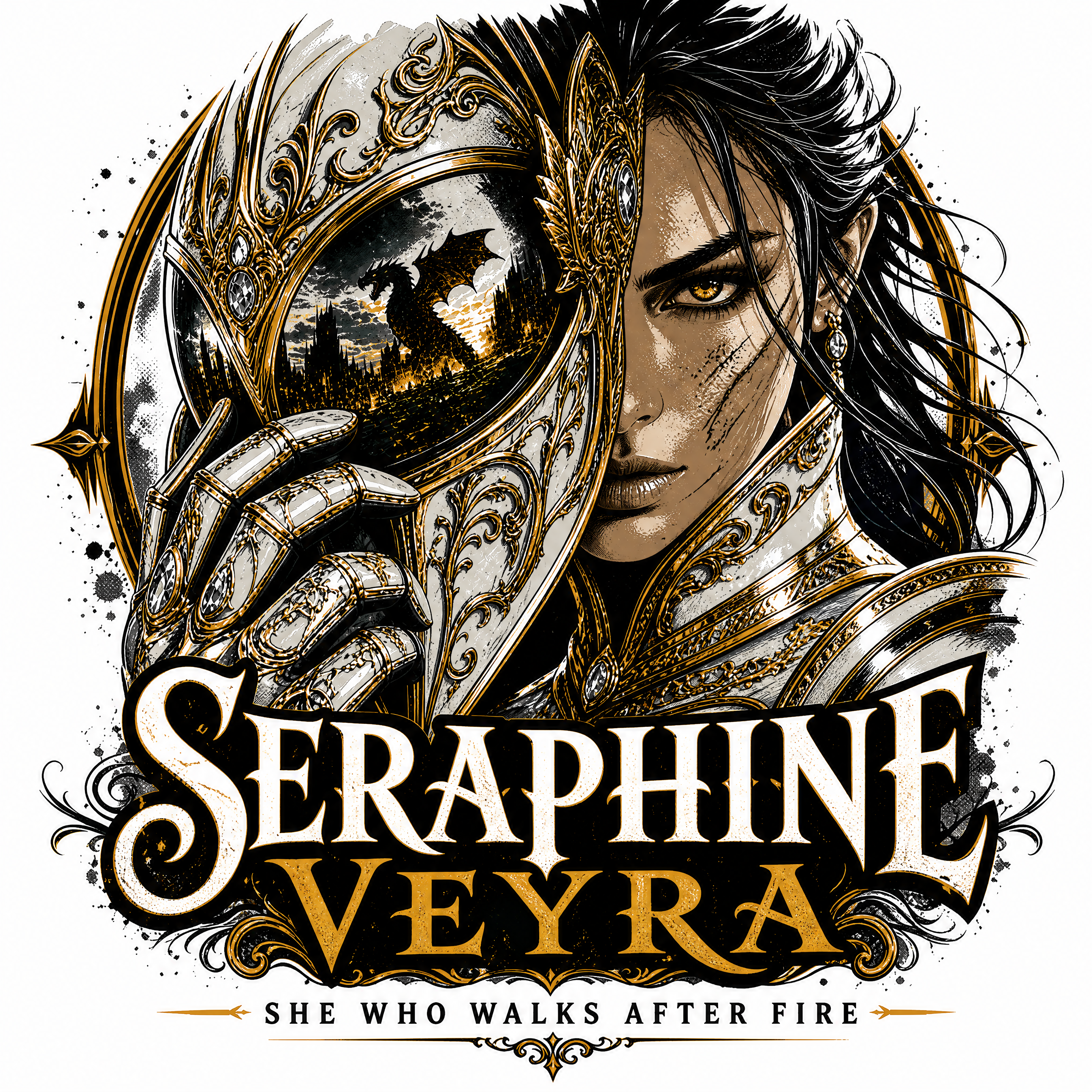 Fantasy illustration of a armored woman holding an ornate mirror with a dragon silhouette reflection.