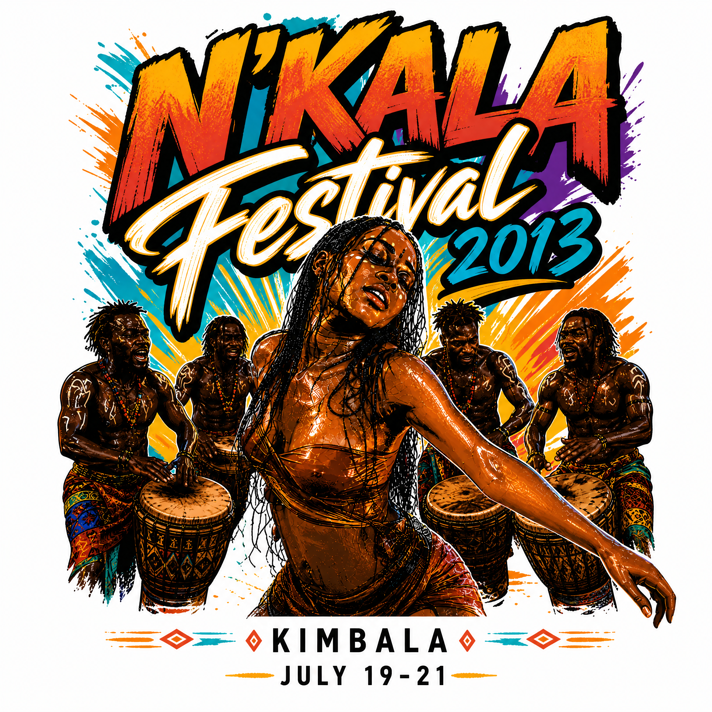 Colorful festival poster featuring a central dancer amid drummers for N'KALA Festival 2013.