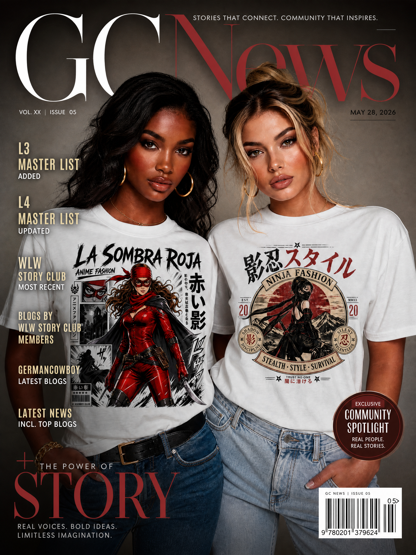 Two women wearing bold graphic tees on a glossy magazine cover.