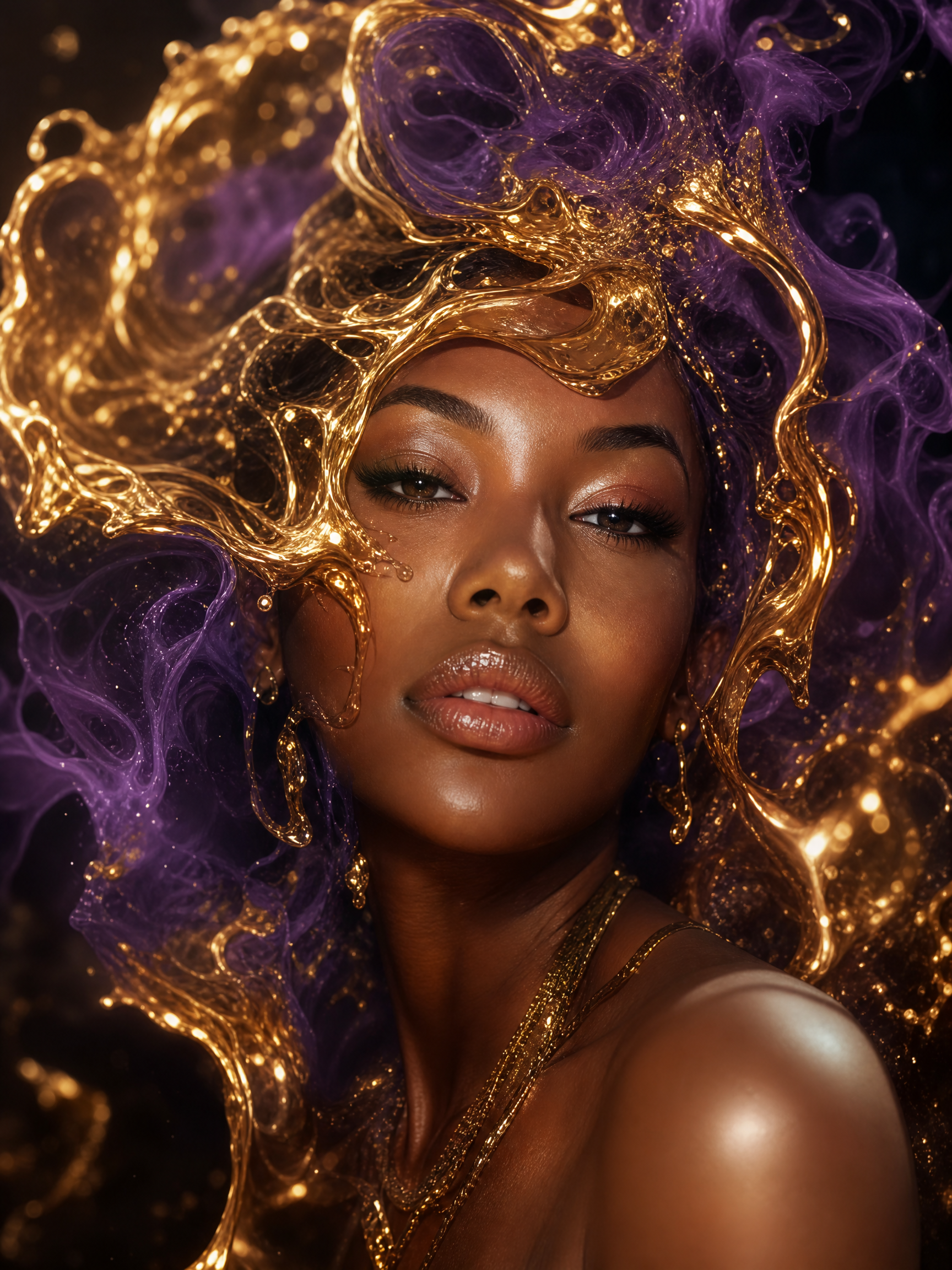 Portrait of a woman with shimmering gold liquid hair and purple accents, glowing skin and gold jewelry.