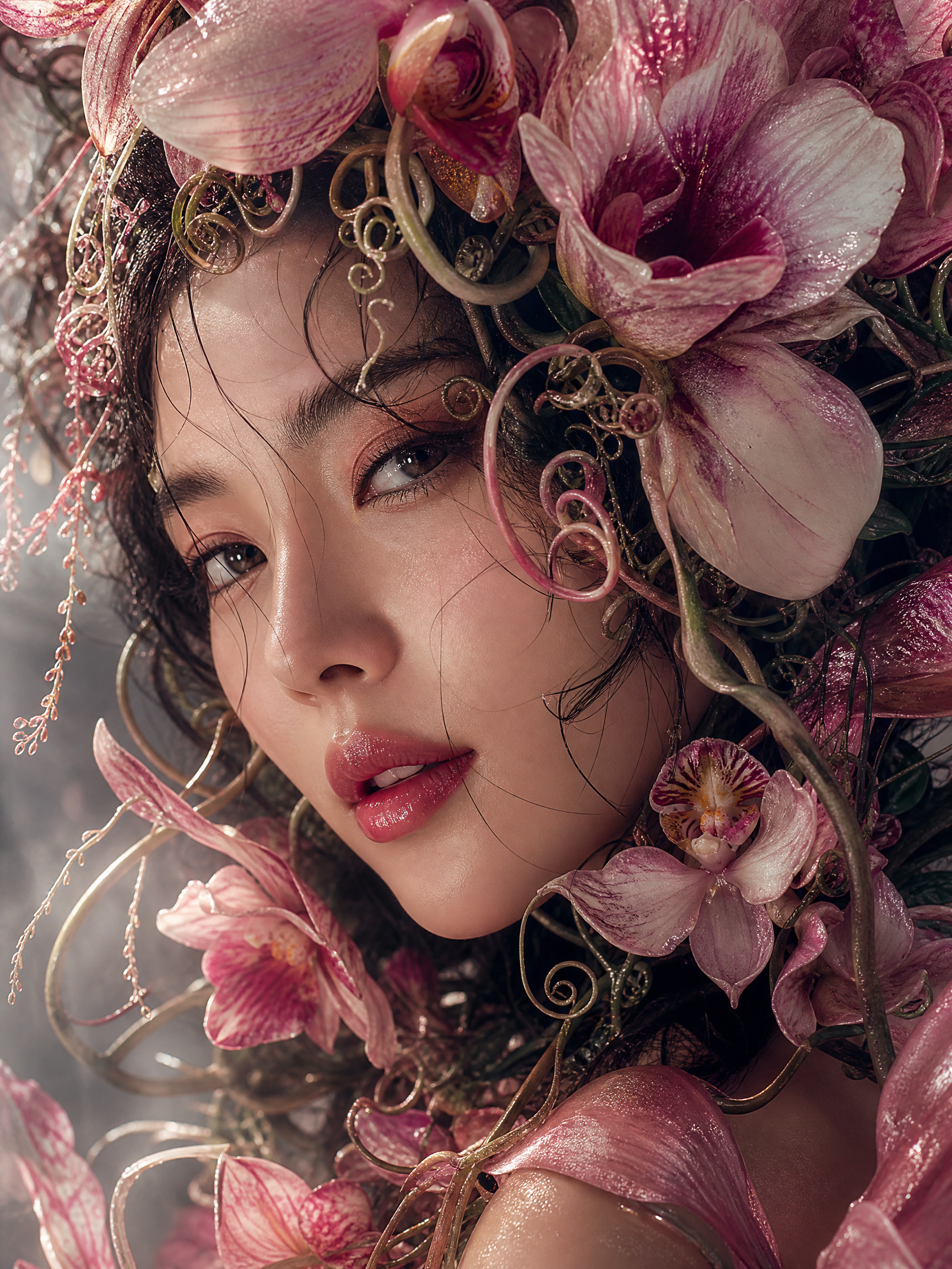 Close-up portrait of a woman with a pink orchid headpiece and flowing floral adornments.