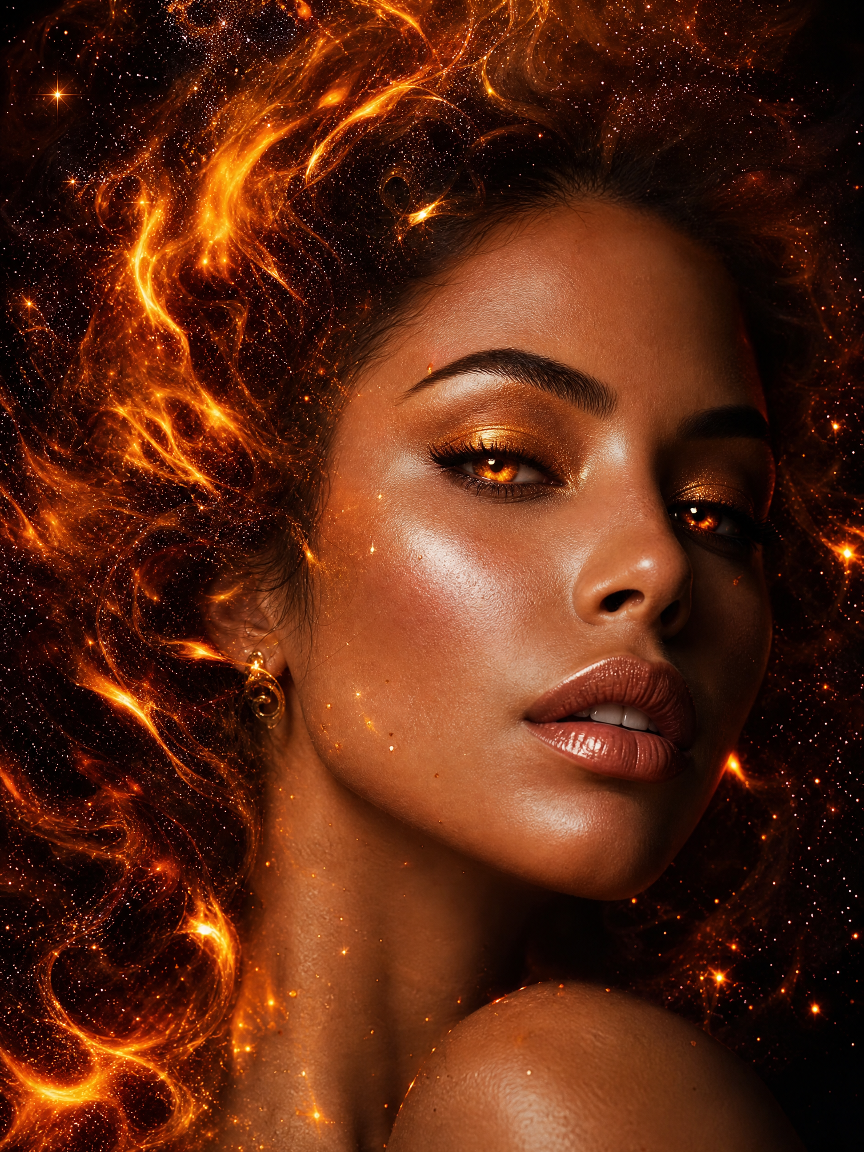 Close-up portrait of a woman with fiery, flame-like hair and golden makeup.