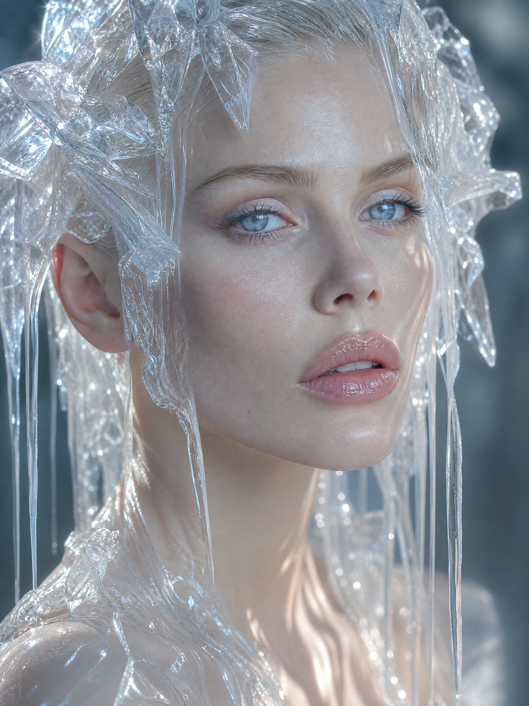 Close-up portrait of a woman with transparent plastic wrap draped over her head.