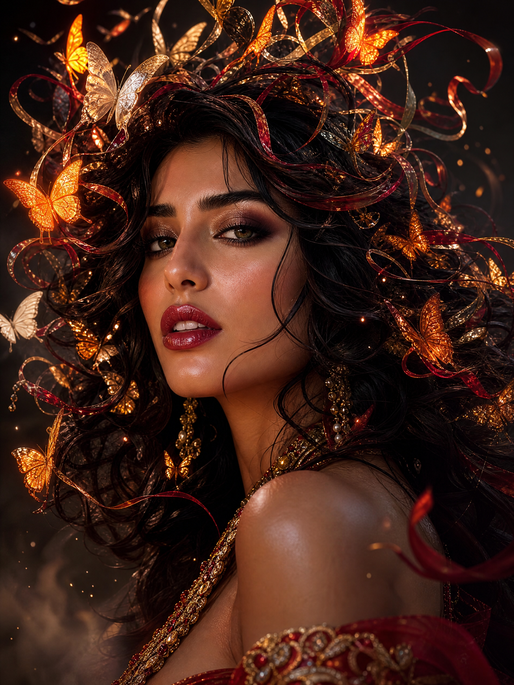 Portrait of a woman with dark hair adorned by golden butterfly ornaments and swirling ribbons.