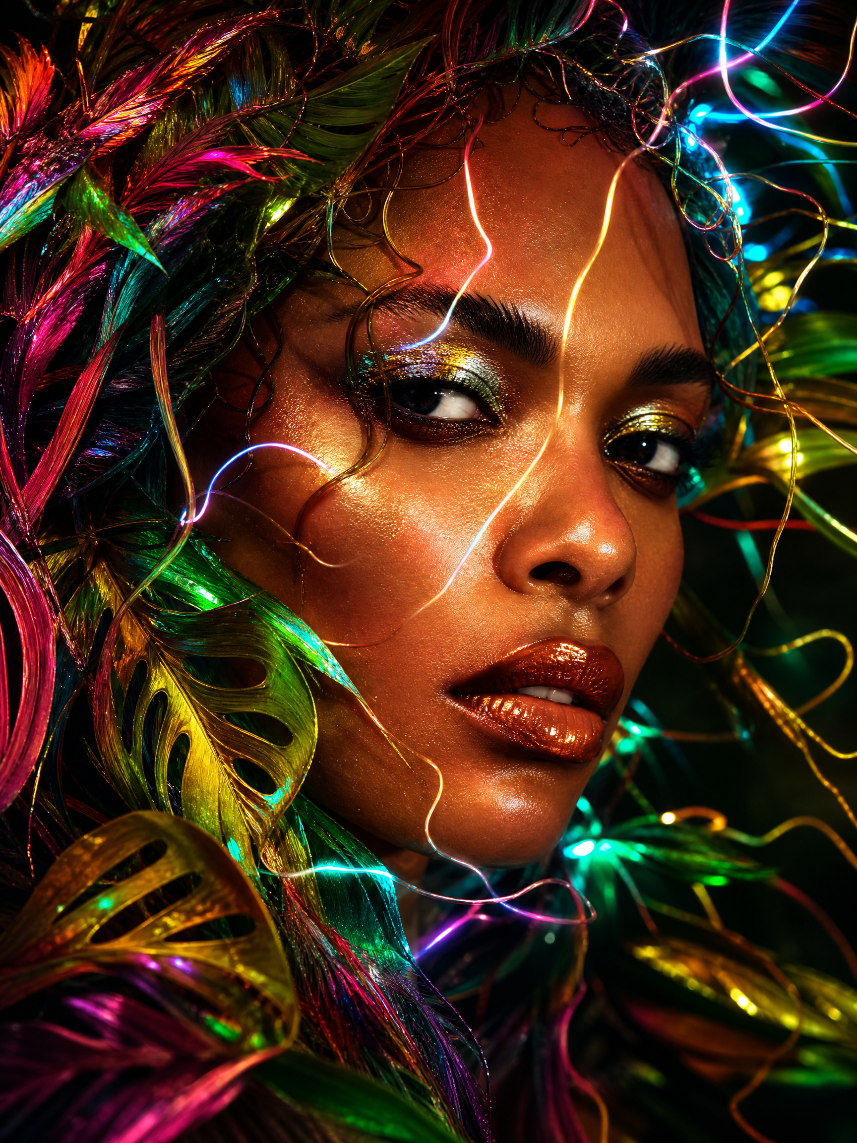Close-up portrait of a woman with colorful neon lights and tropical leaves in her hair.