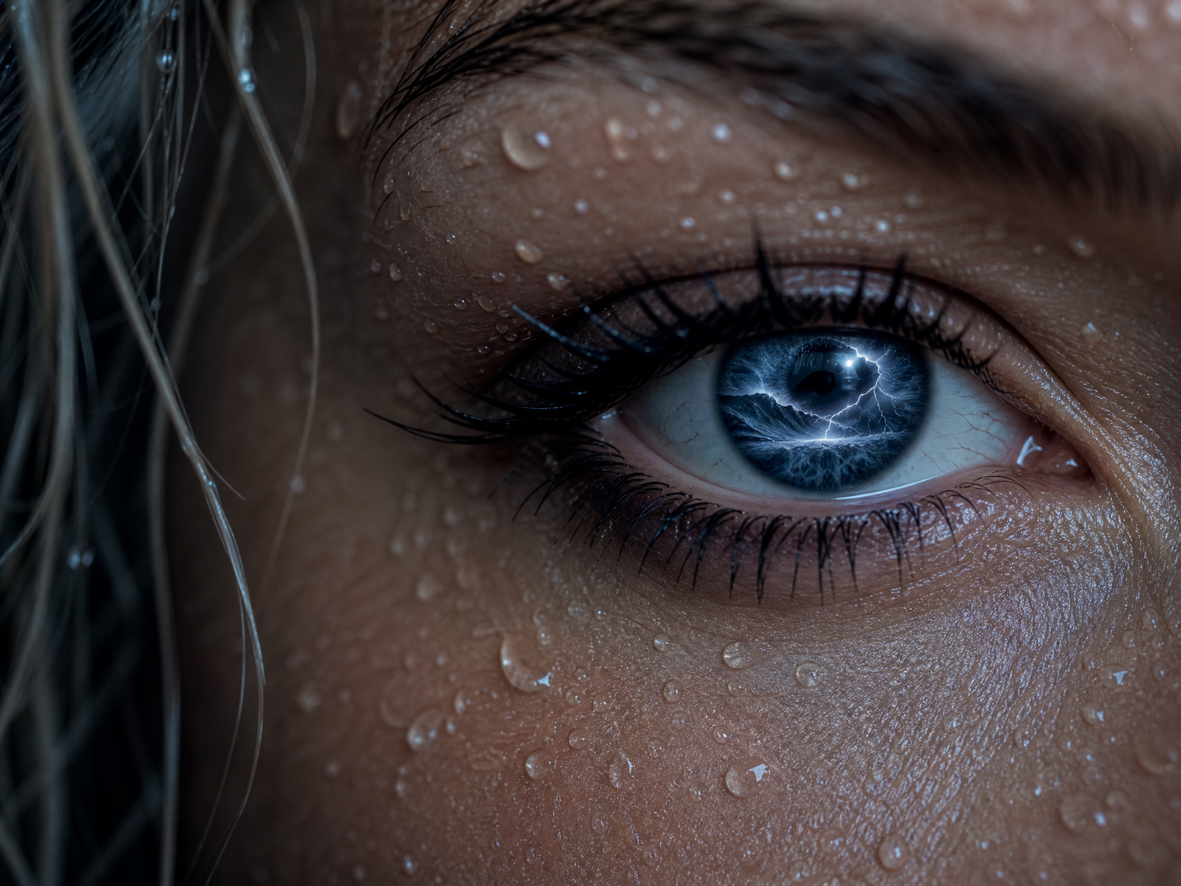 Close-up of a blue eye with water droplets on skin and a lightning reflection in the iris.