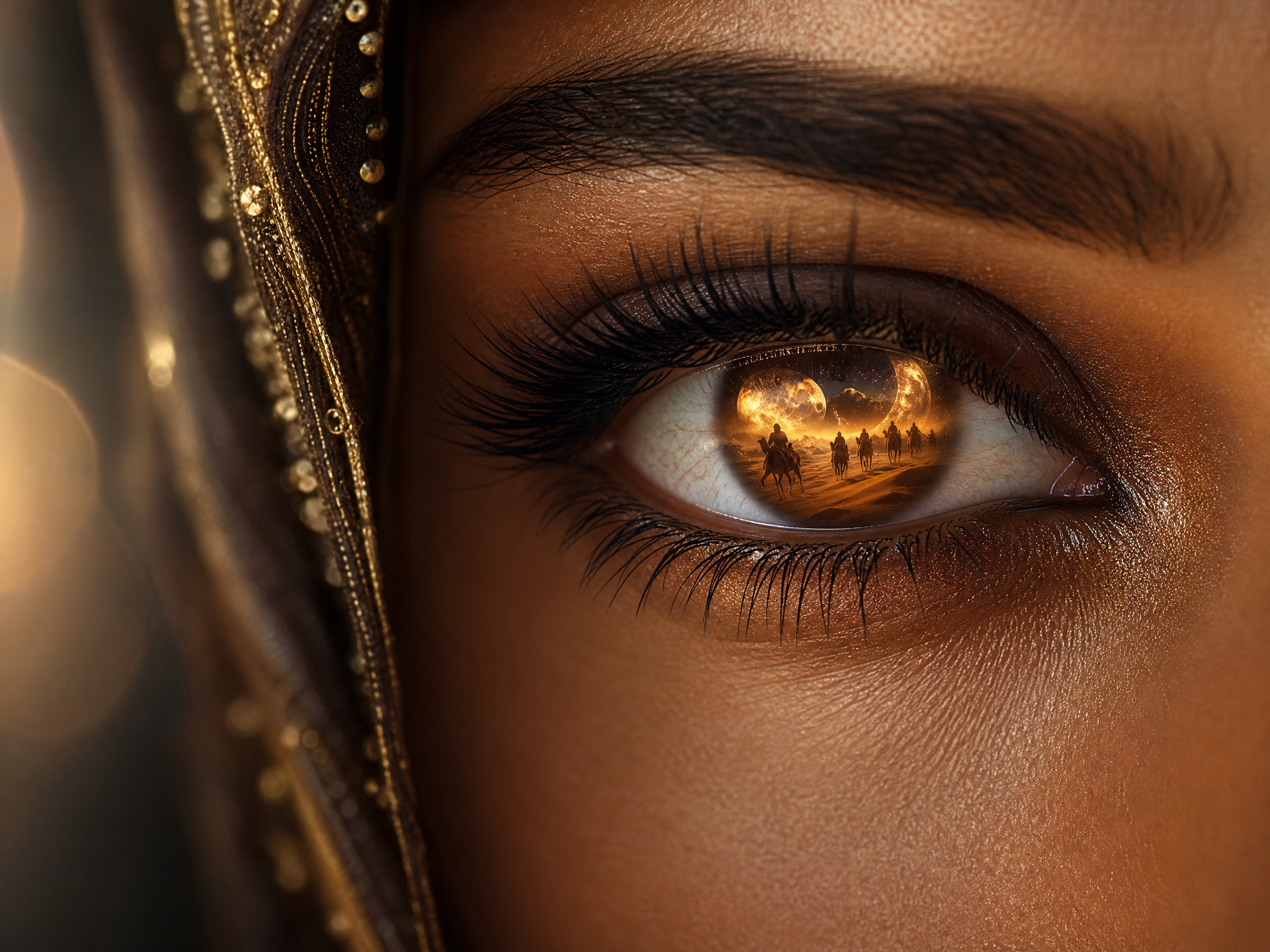 Close-up brown eye reflecting a desert caravan at sunset, with ornate gold fabric beside.