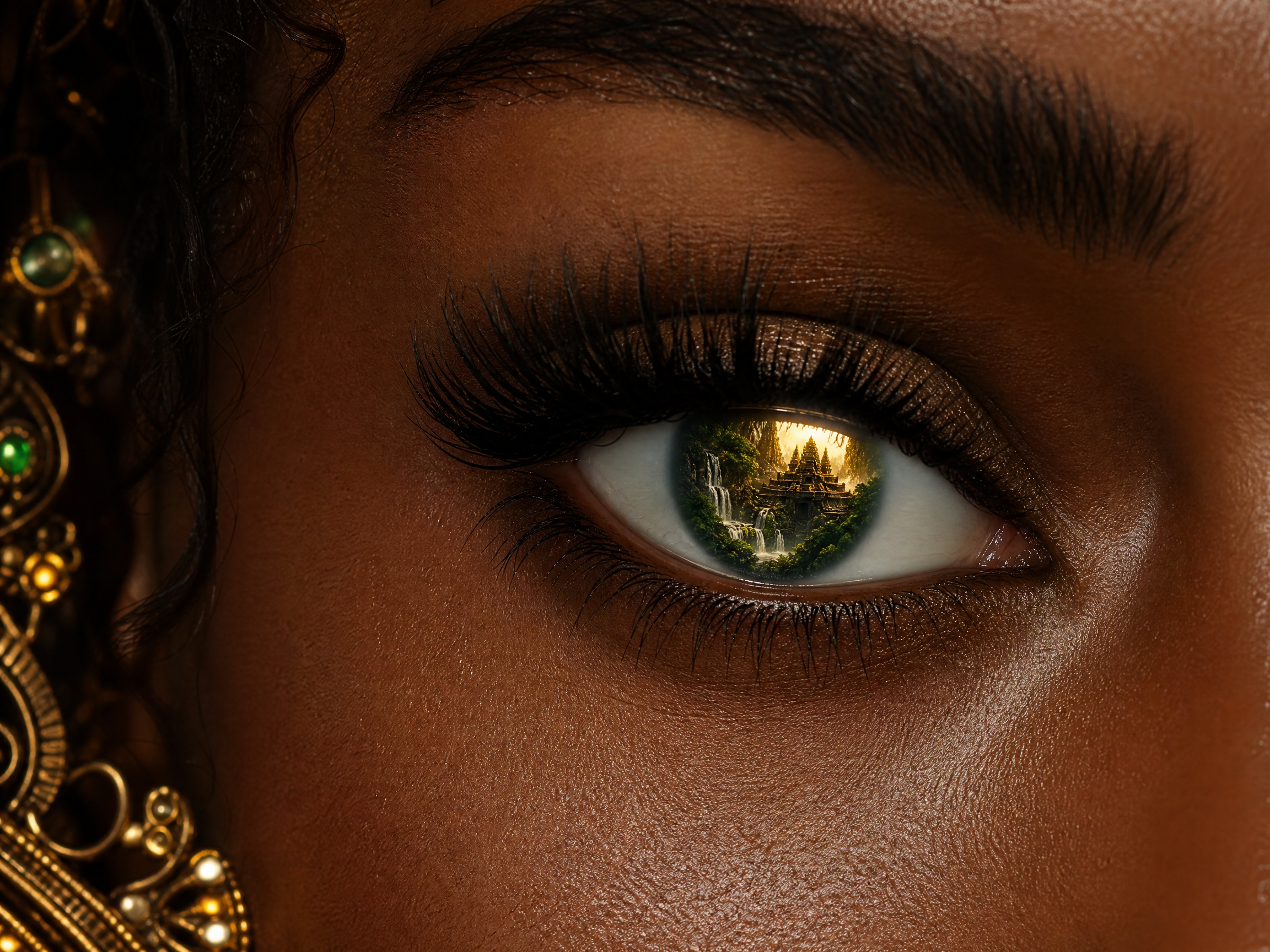 Close-up of a dark-skinned eye with a canyon/temple reflection in the pupil and ornate jewelry along the eyelid.