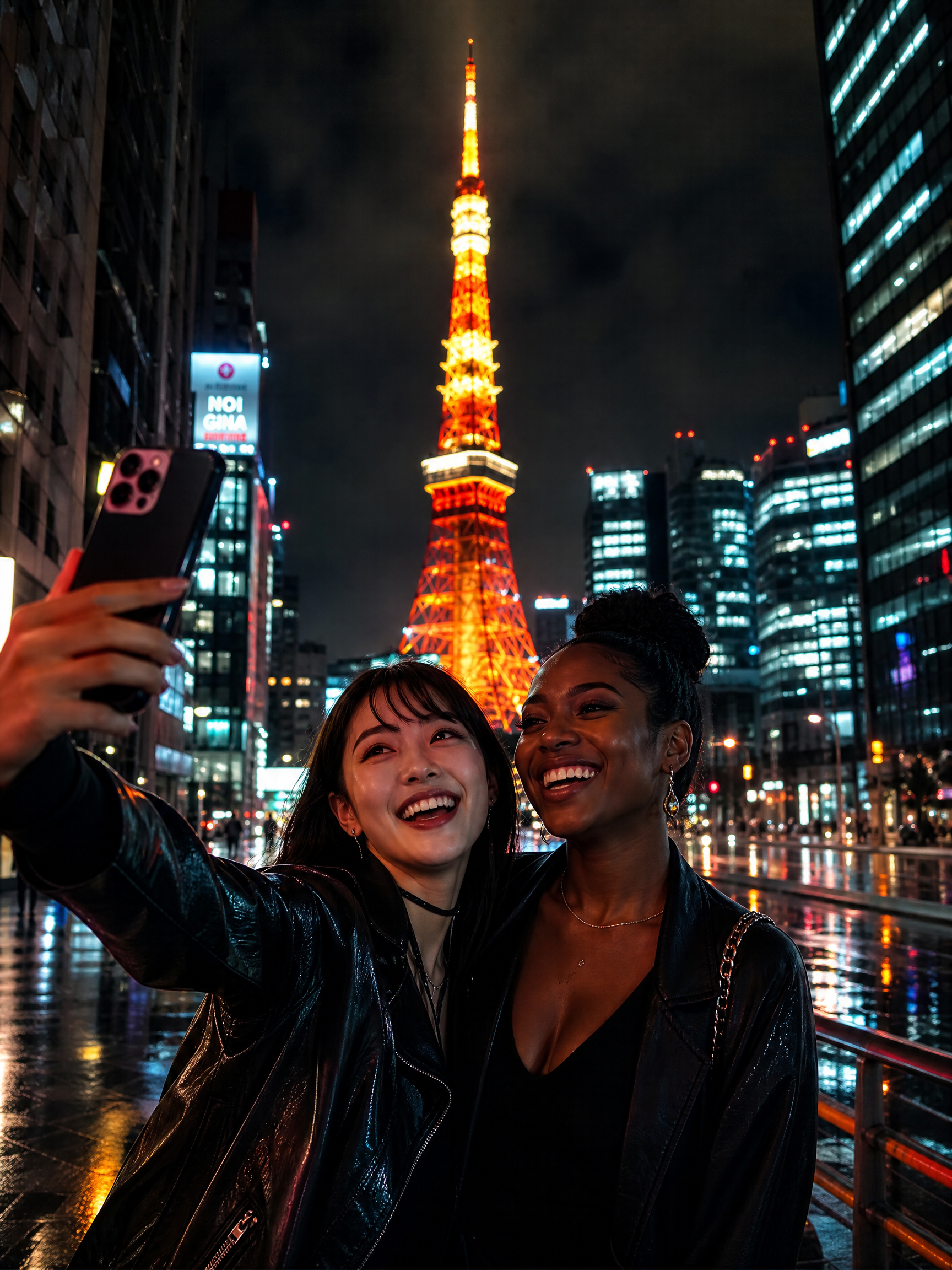 Two friends take a night selfie with Tokyo Tower lit up in the background.