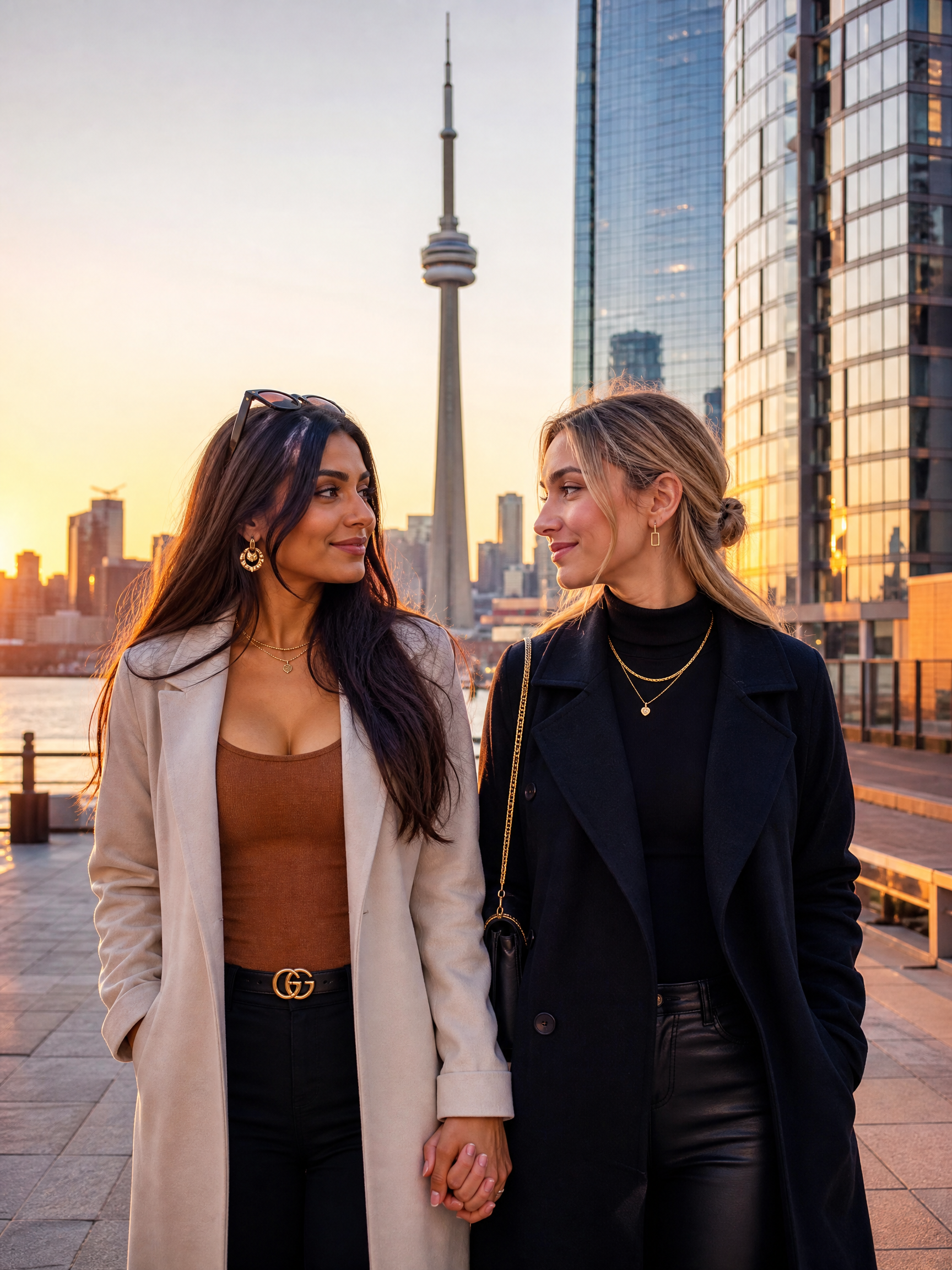 Two stylish women walk hand-in-hand along Toronto's waterfront with the CN Tower and skyline at sunset.