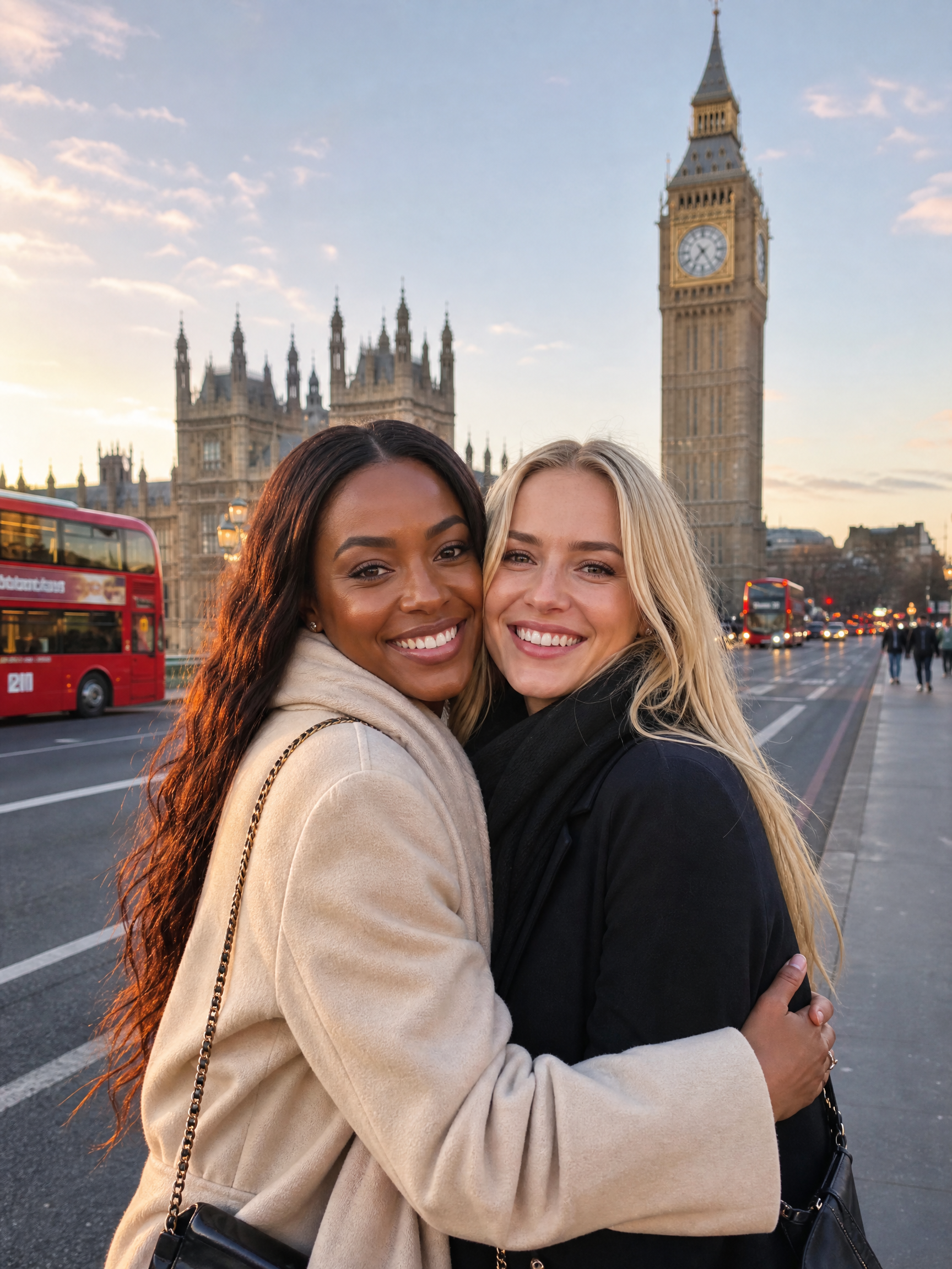 Two friends embrace in front of Westminster Palace and Big Ben, London at sunset.