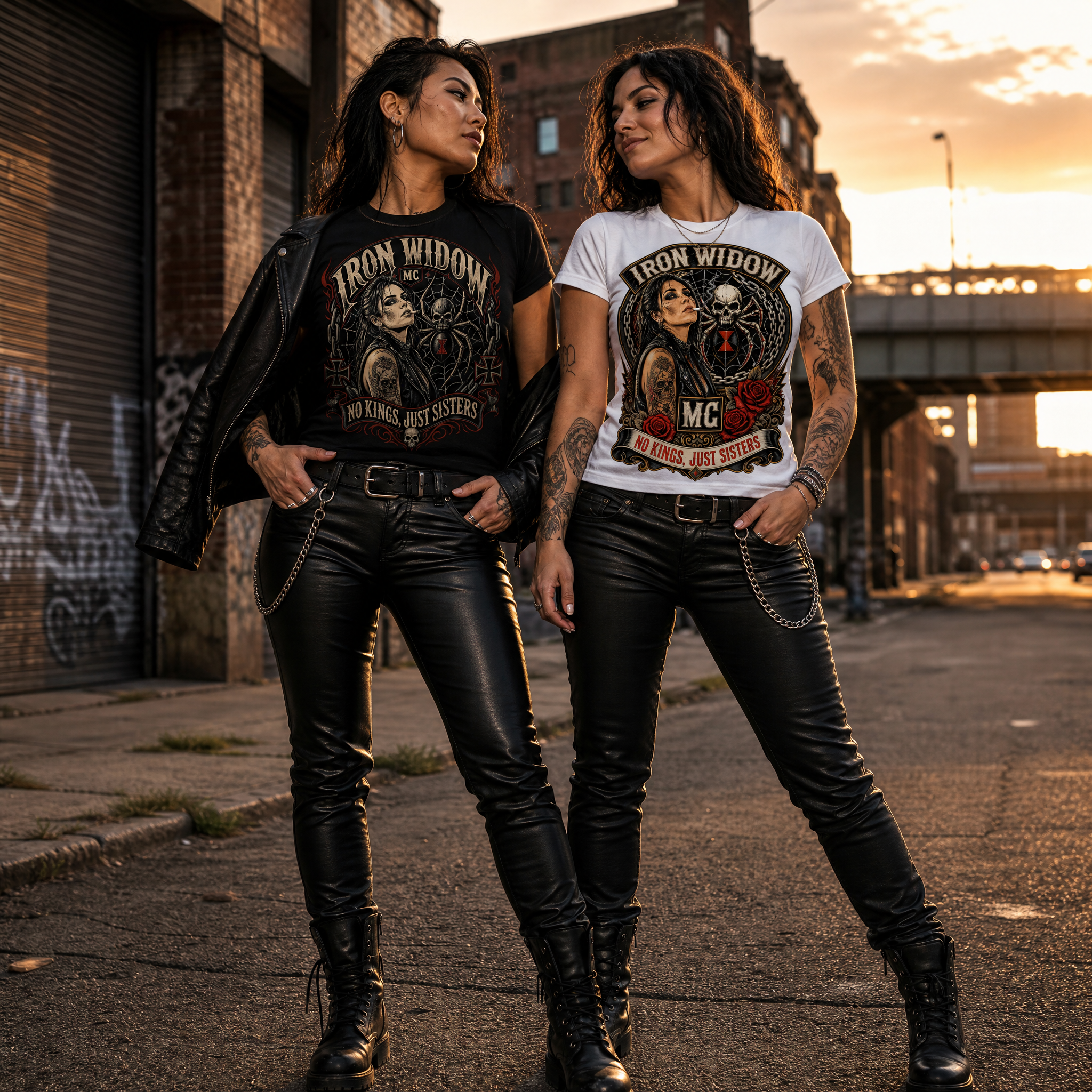 Two women in edgy biker outfits pose in an urban alley at sunset.