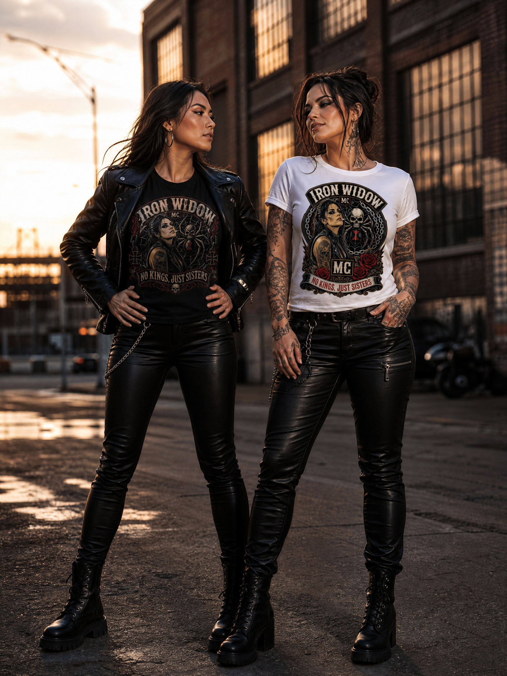 Two women in Iron Widow tees and leather outfits pose on an urban street at sunset.