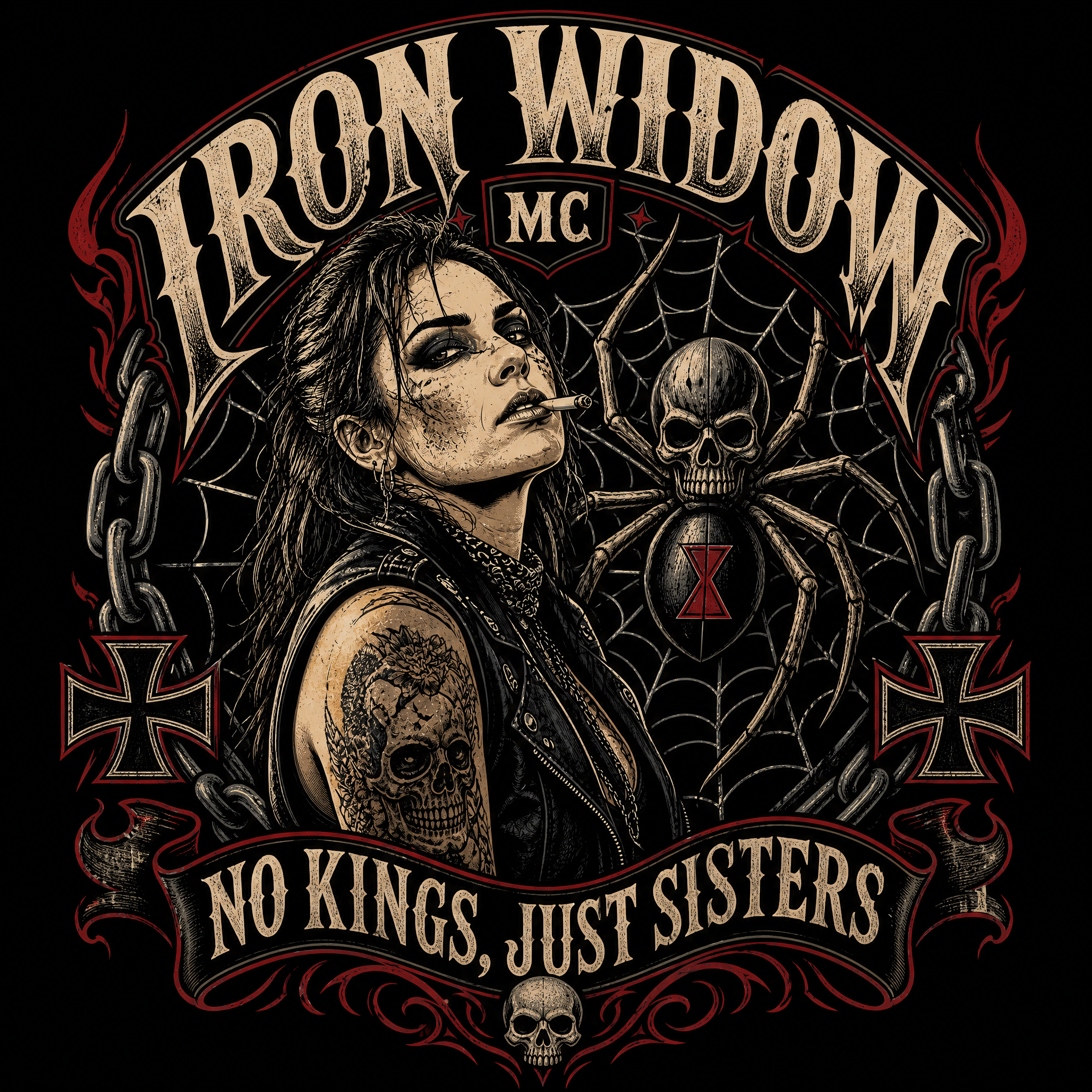 A fierce tattooed woman biker with skull tattoos, spiderweb background, and gothic “Iron Widow MC” design.