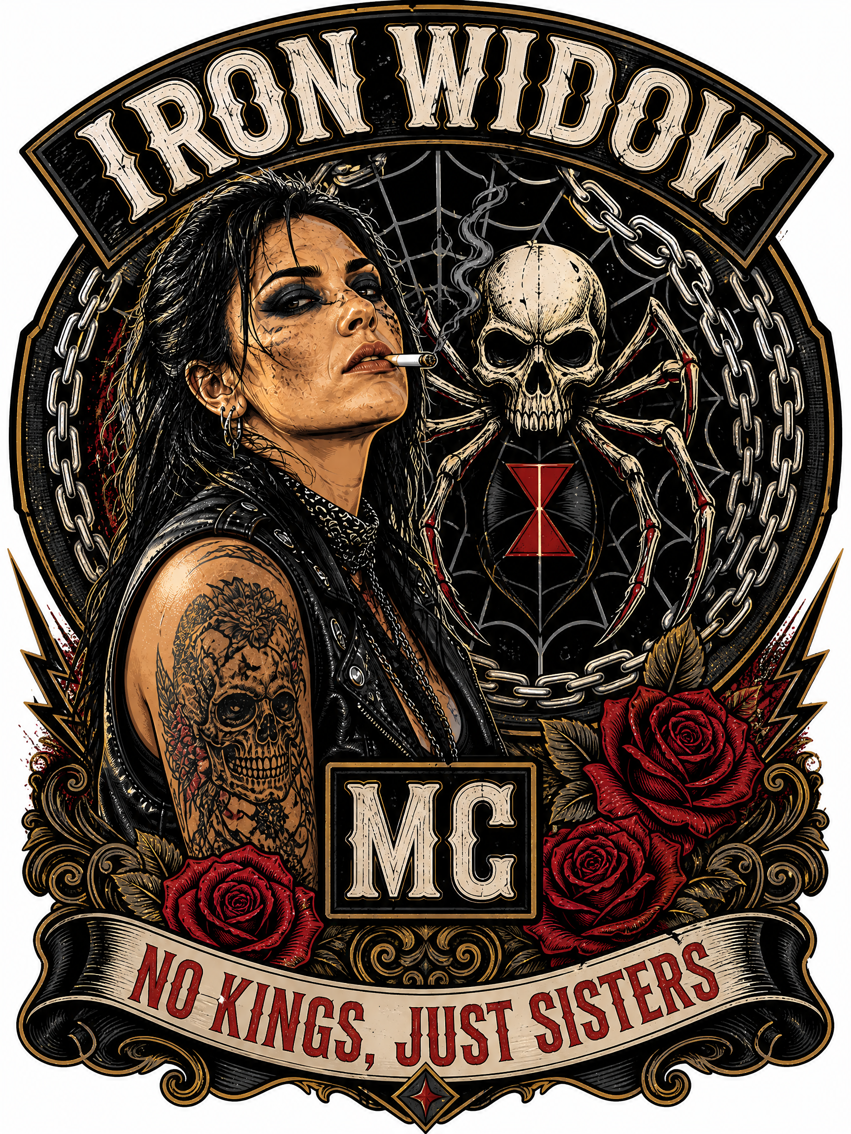 Female biker with tattoos and cigarette in front of skull-themed Iron Widow MC patch backdrop.