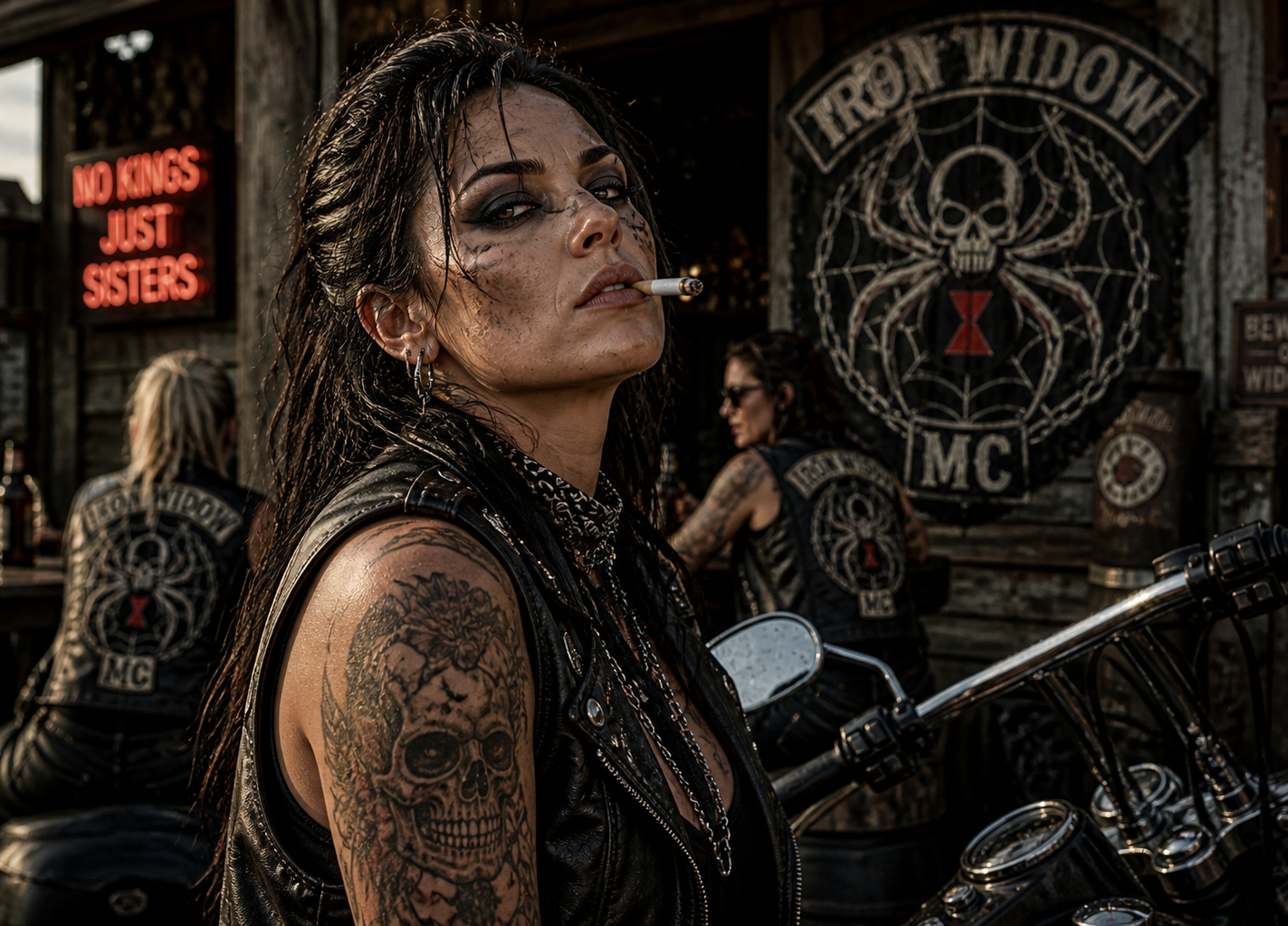 Woman biker with cigarette and skull tattoo in leather vest beside motorcycle at a gritty biker bar.