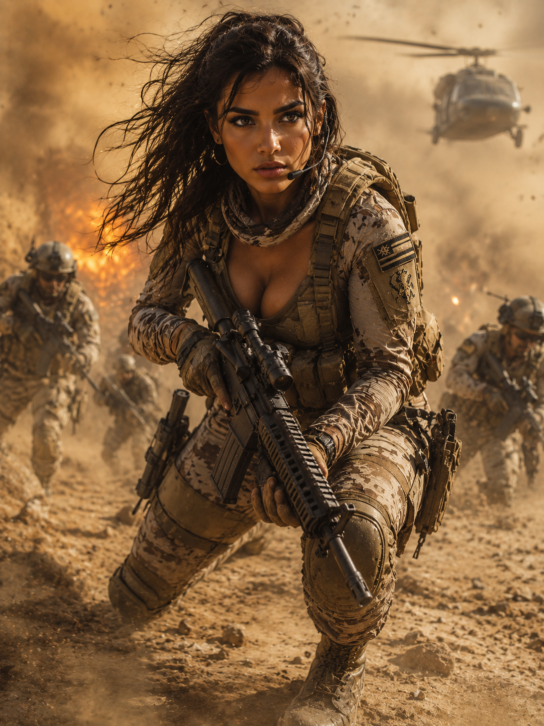 Female soldier in desert battlefield charging with rifle amid dust and helicopter in the background.