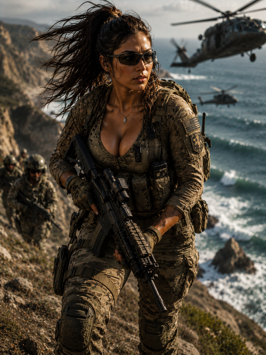 Female soldier in camouflage gear sprinting along a rocky coastline with a rifle and helicopters overhead.