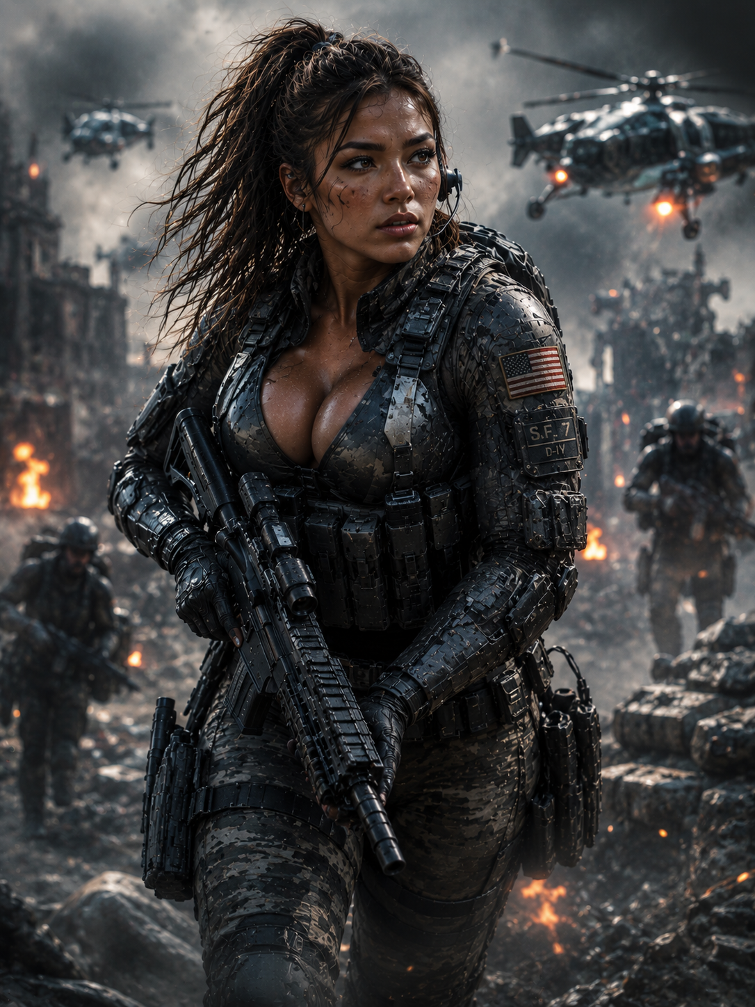 Female armored soldier with a rifle amid a smoky, battle-worn battlefield.